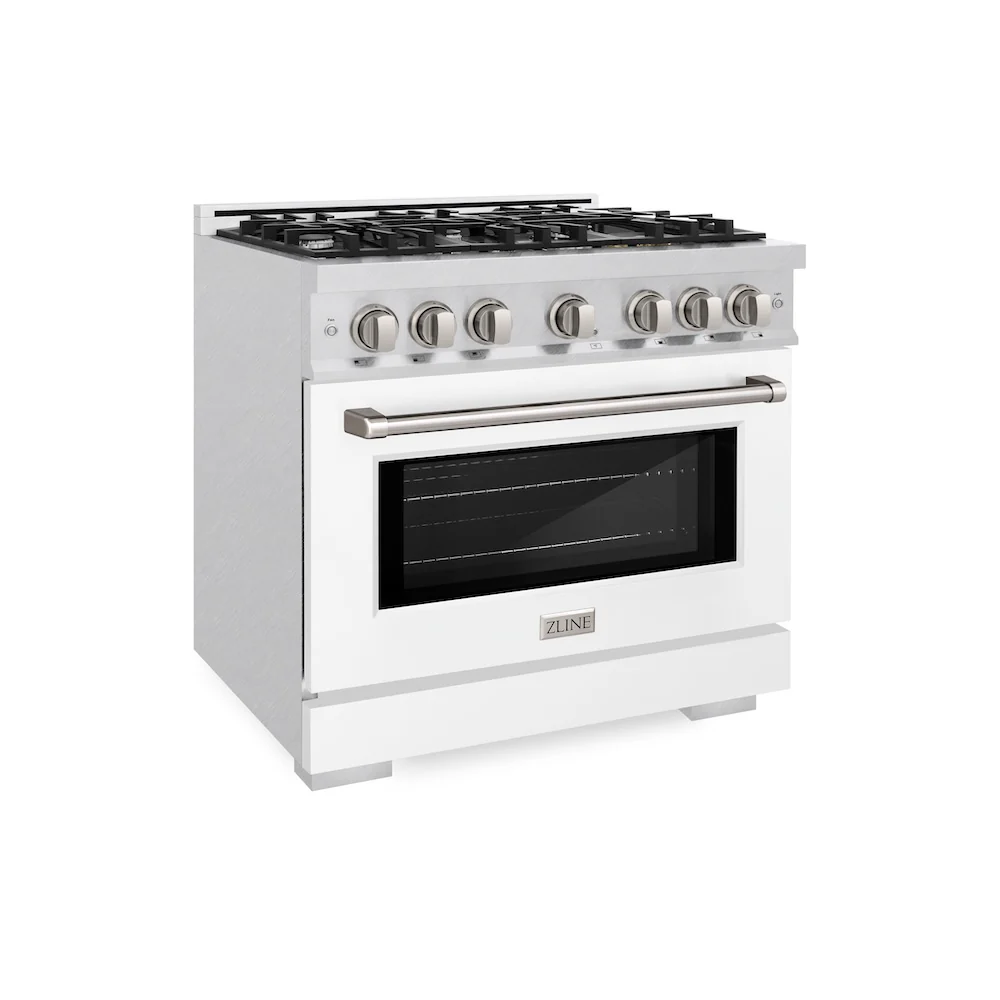 ZLINE 36 in. 5.2 cu. ft. Select Gas Range with 6 Burner Cooktop and Convection Gas Oven in Satin Stainless Steel with White Matte Door, Open Box-Great Condition