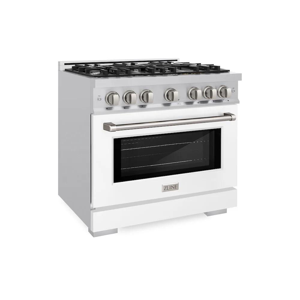 ZLINE 36 in. 5.2 cu. ft. Select Gas Range with 6 Burner Cooktop and Convection Gas Oven in Stainless Steel with White Matte Door, Open Box-Great Condition