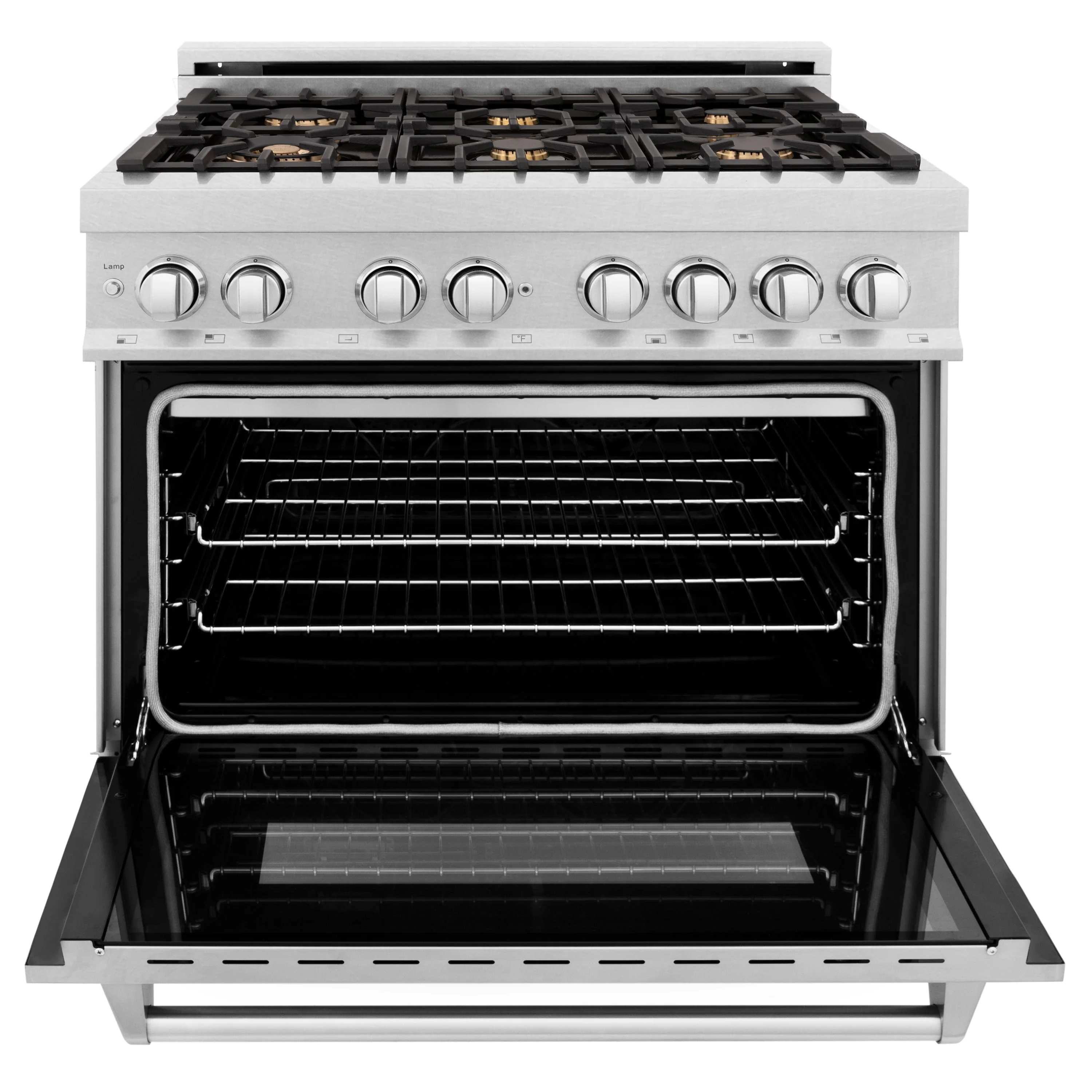 ZLINE 36 in. 4.6 cu. ft. Legacy Dual Fuel Range with Gas Cooktop and Electric Convection Oven in Satin Stainless Steel with 6 Brass Burners and Griddle (RAS-SN-BR-GR-36) - Image 3