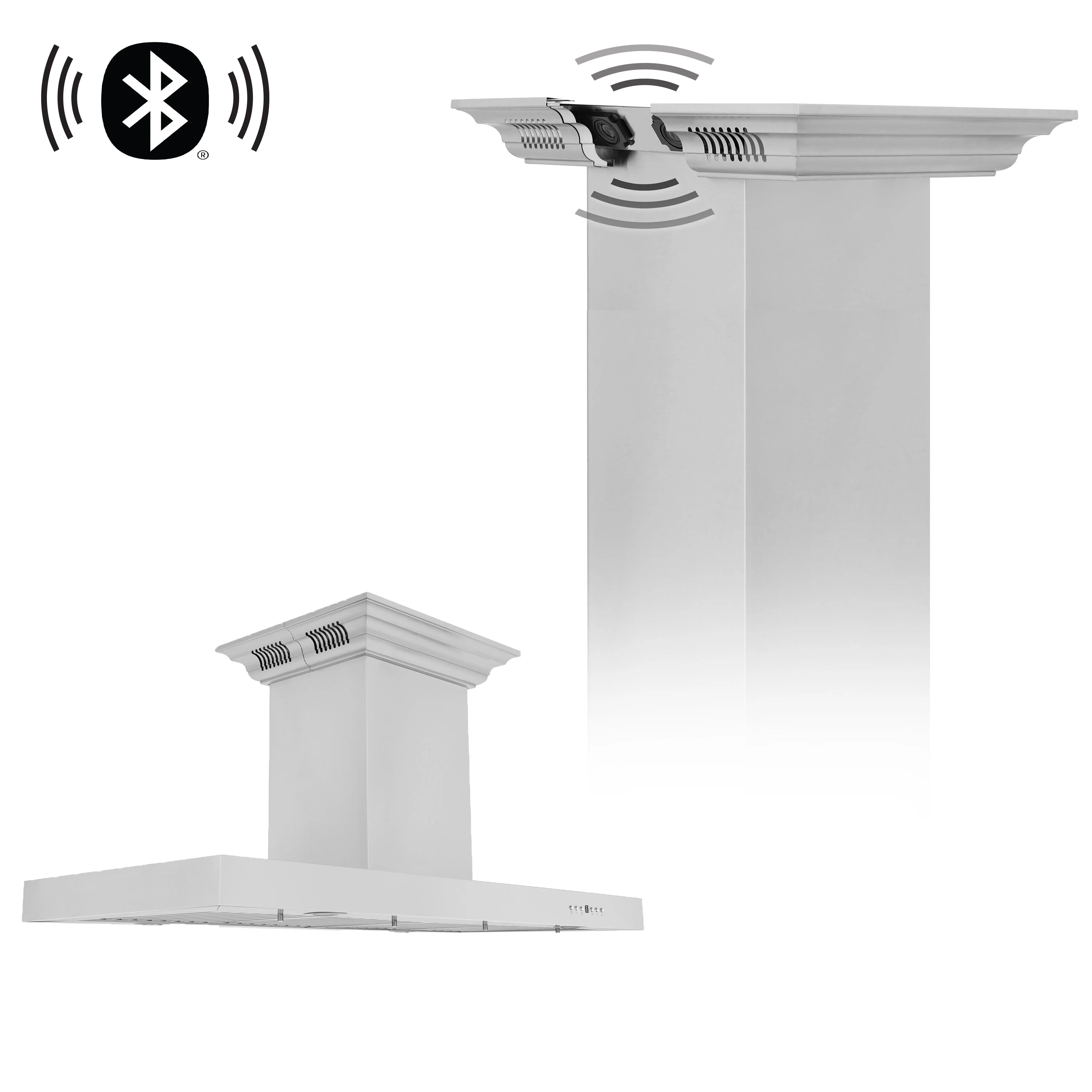 36" ZLINE CrownSound™Ducted Vent Island Mount Range Hood in Stainless Steel with Built-in Bluetooth Speakers (KE2iCRN-BT-36)