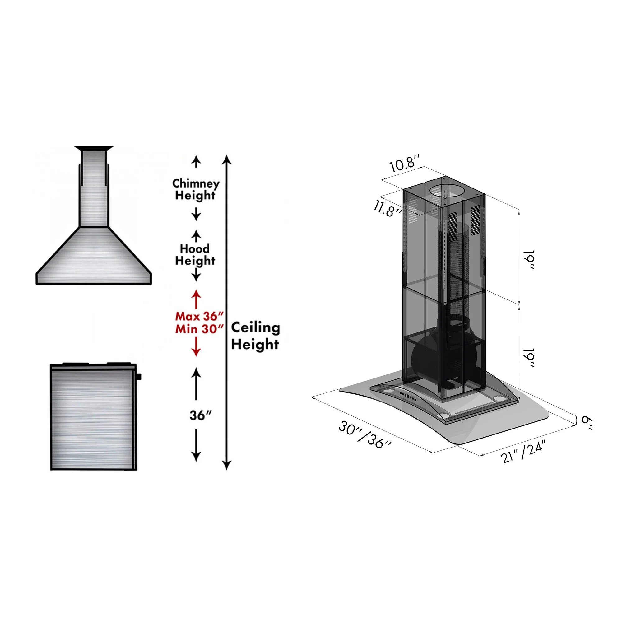 ZLINE 36" Convertible Vent Island Mount Range Hood in Stainless Steel & Glass (GL9i-36) - Image 11