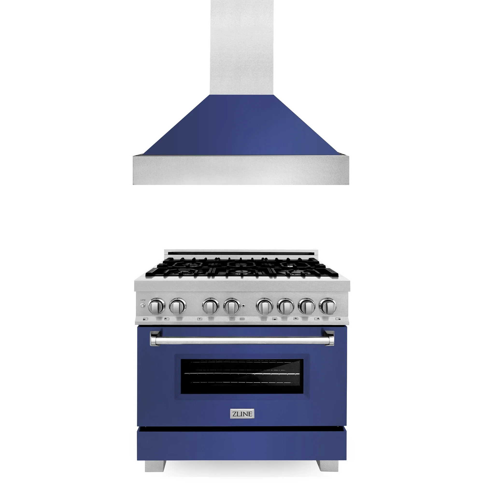 ZLINE 36 in. Kitchen Package with Satin Stainless Steel Dual Fuel Range with Blue Matte Door and Convertible Vent Range Hood
