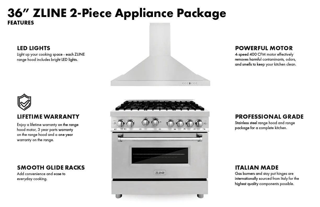 ZLINE 36 in. Kitchen Package with Stainless Steel Dual Fuel Range and Convertible Vent Range Hood (2KP-RARH36) - Image 8