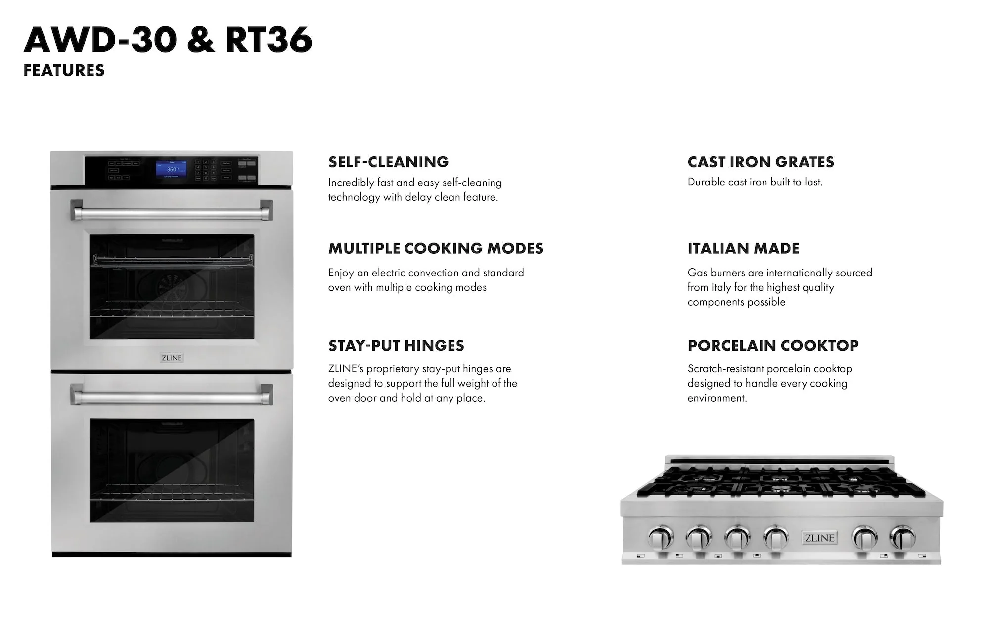 ZLINE Kitchen Package with 36 in. Stainless Steel Rangetop and 30 in. Double Wall Oven (2KP-RTAWD36) - Image 8