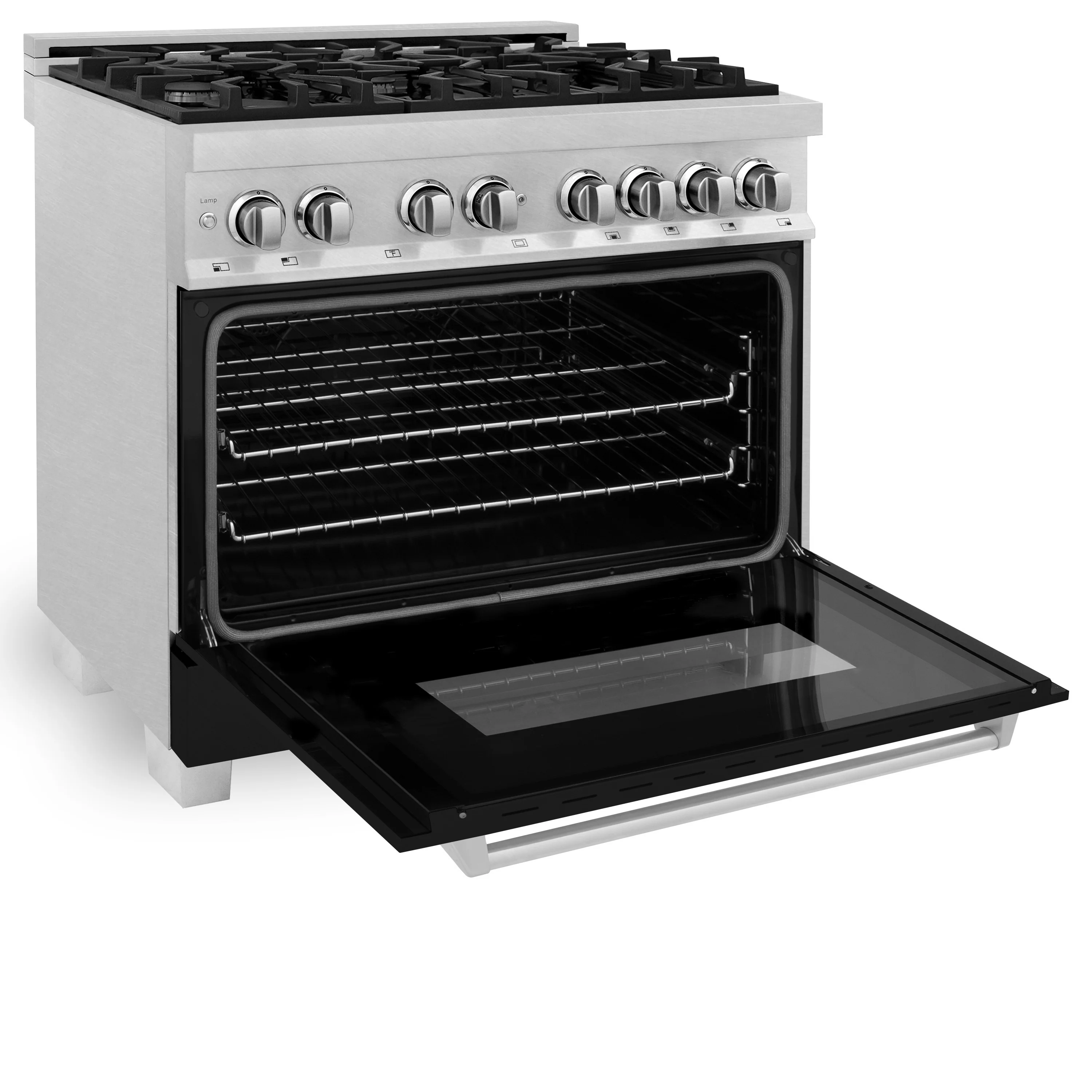 ZLINE 36 in. 4.6 cu. ft. Legacy Dual Fuel Range with 6 Burner Gas Cooktop and Electric Convection Oven in Satin Stainless Steel and Black Matte Door (RAS-BLM-36) - Image 6