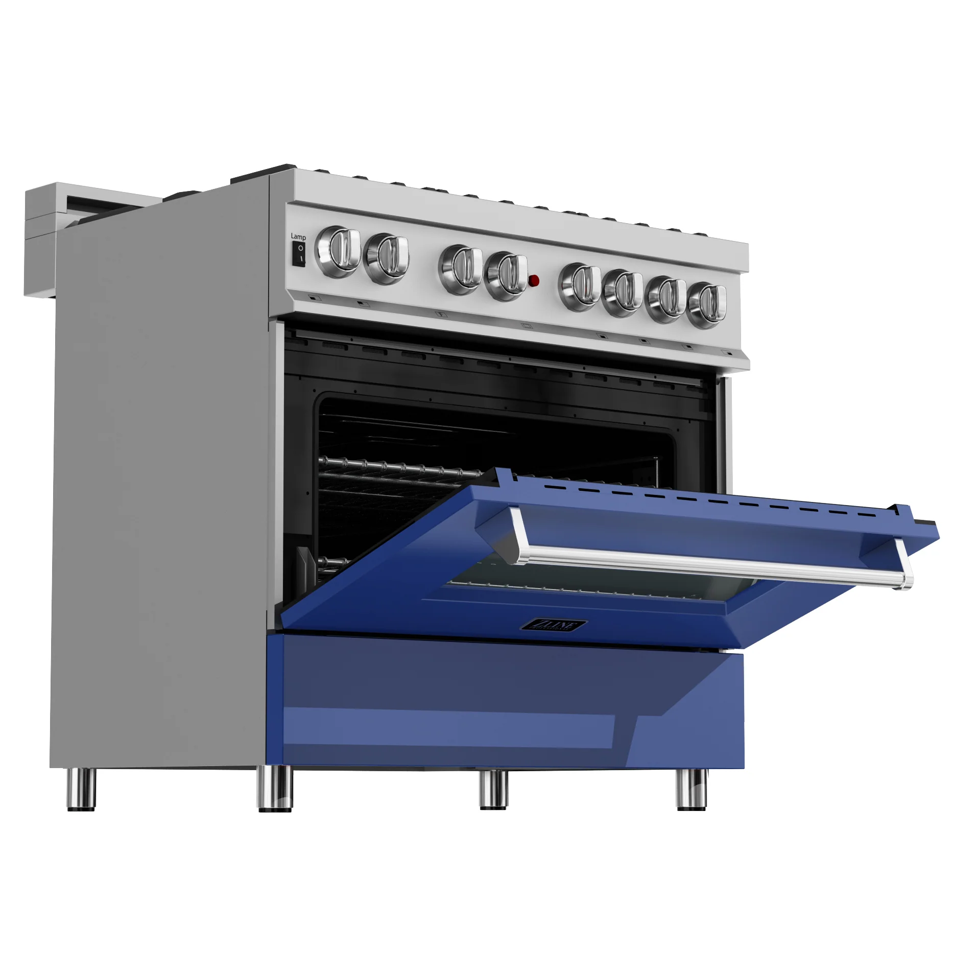 ZLINE 36 in. 4.6 cu. ft. Legacy Dual Fuel Range with 6 Burner Gas Cooktop and Electric Convection Oven in Satin Stainless Steel and Blue Matte Door (RAS-BM-36) - Image 5