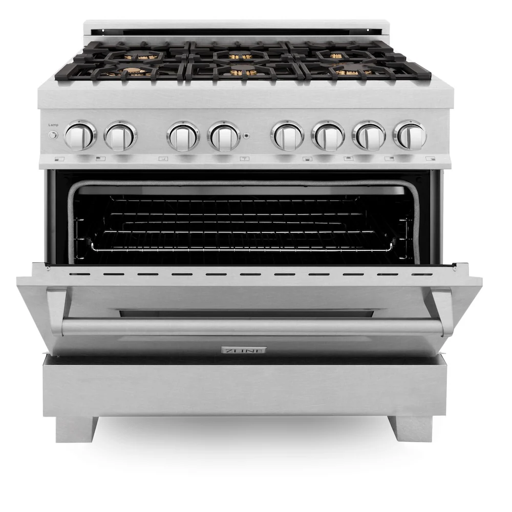 ZLINE 36 in. 4.6 cu. ft. Legacy Dual Fuel Range with Gas Cooktop and Electric Convection Oven in Satin Stainless Steel with 6 Brass Burners (RAS-SN-BR-36) - Image 3
