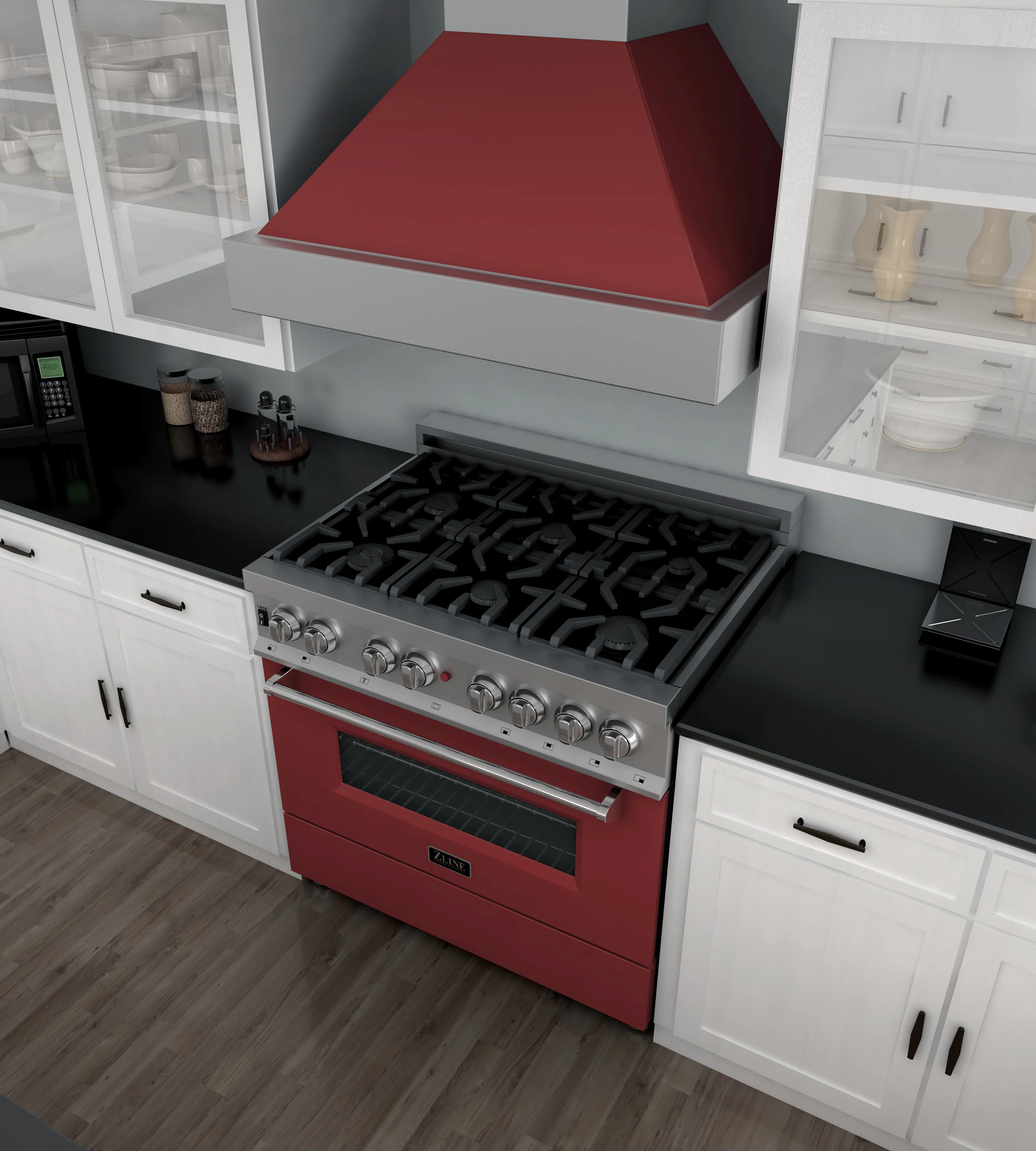ZLINE 36 in. 4.6 cu. ft. Legacy Dual Fuel Range with 6 Burner Gas Cooktop and Electric Convection Oven in Satin Stainless Steel and Red Matte Door (RAS-RM-36) - Image 2