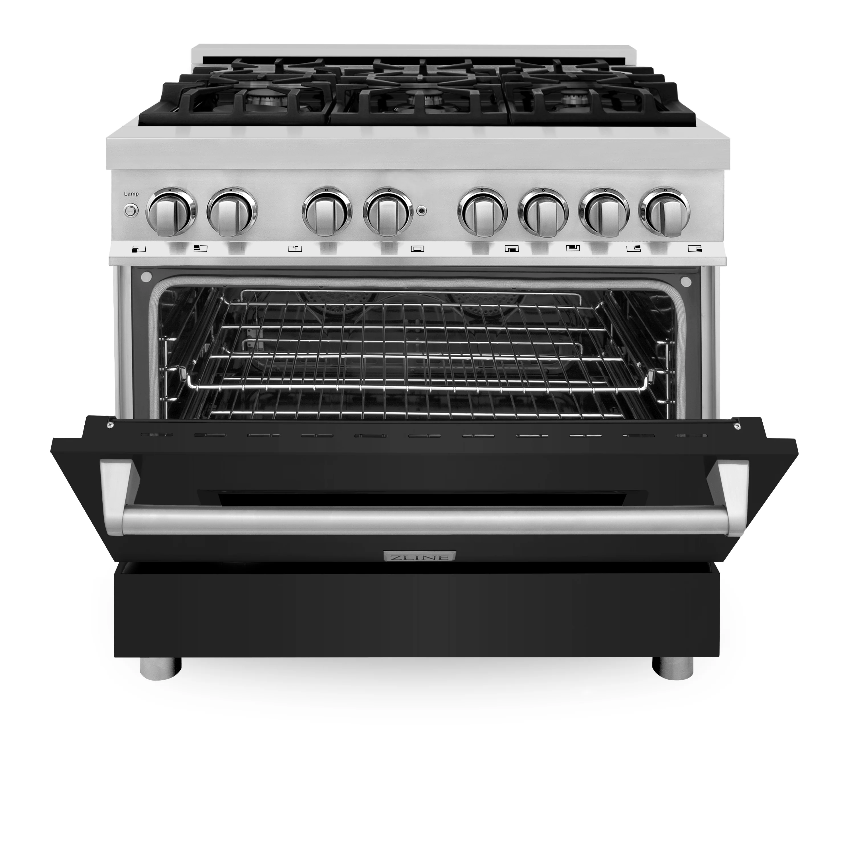 ZLINE 36 in. 4.6 cu. ft. Legacy Dual Fuel Range with 6 Burner Gas Cooktop and Electric Convection Oven in Stainless Steel and Black Matte Door (RA-BLM-36) - Image 2