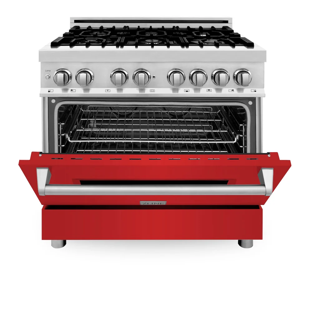 ZLINE 36 in. 4.6 cu. ft. Legacy Dual Fuel Range with 6 Burner Gas Cooktop and Electric Convection Oven in Stainless Steel and Red Matte Door (RA-RM-36) - Image 3
