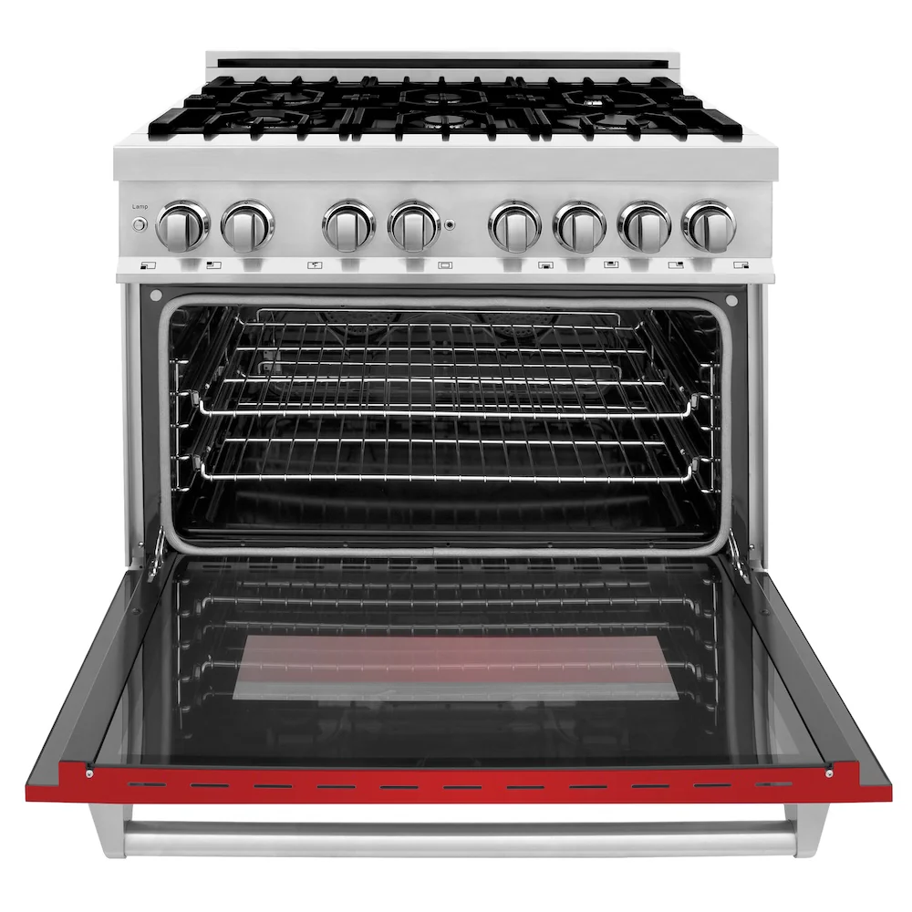 ZLINE 36 in. 4.6 cu. ft. Legacy Dual Fuel Range with 6 Burner Gas Cooktop and Electric Convection Oven in Stainless Steel and Red Matte Door (RA-RM-36) - Image 4