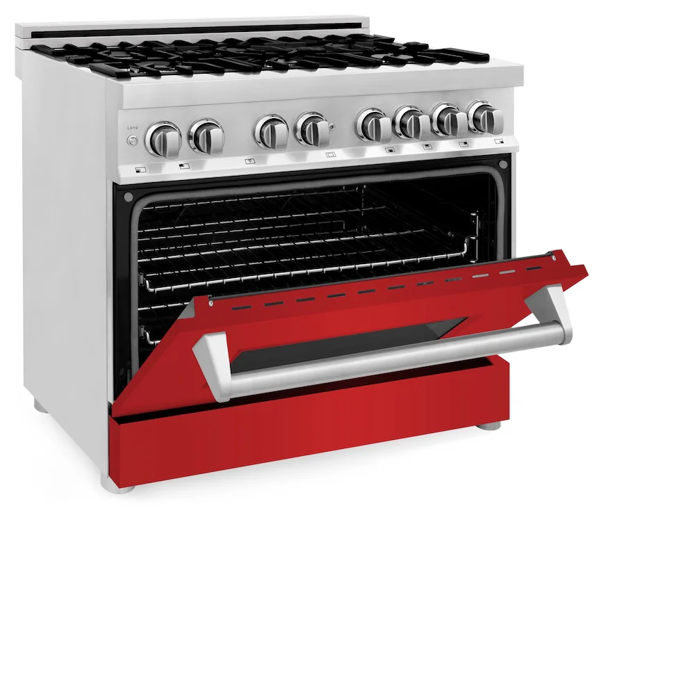ZLINE 36 in. 4.6 cu. ft. Legacy Dual Fuel Range with 6 Burner Gas Cooktop and Electric Convection Oven in Stainless Steel and Red Matte Door (RA-RM-36) - Image 7