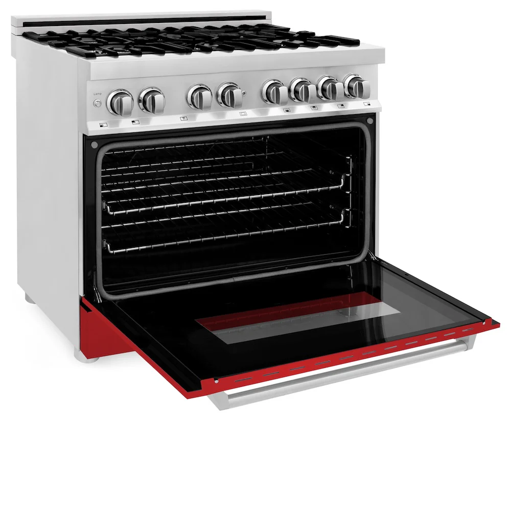 ZLINE 36 in. 4.6 cu. ft. Legacy Dual Fuel Range with 6 Burner Gas Cooktop and Electric Convection Oven in Stainless Steel and Red Matte Door (RA-RM-36) - Image 8