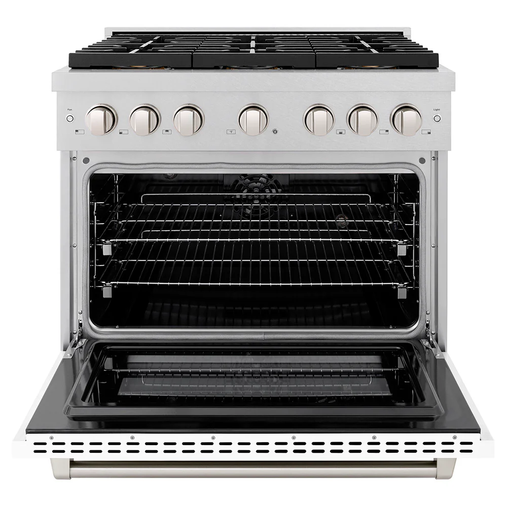 ZLINE 36 in. 5.2 cu. ft. Paramount Dual Fuel Range with 6 Burner DuoPro™ Cooktop and Electric Convection Oven in Satin Stainless Steel with White Matte Door (PSDRS-WM-36) - Image 3