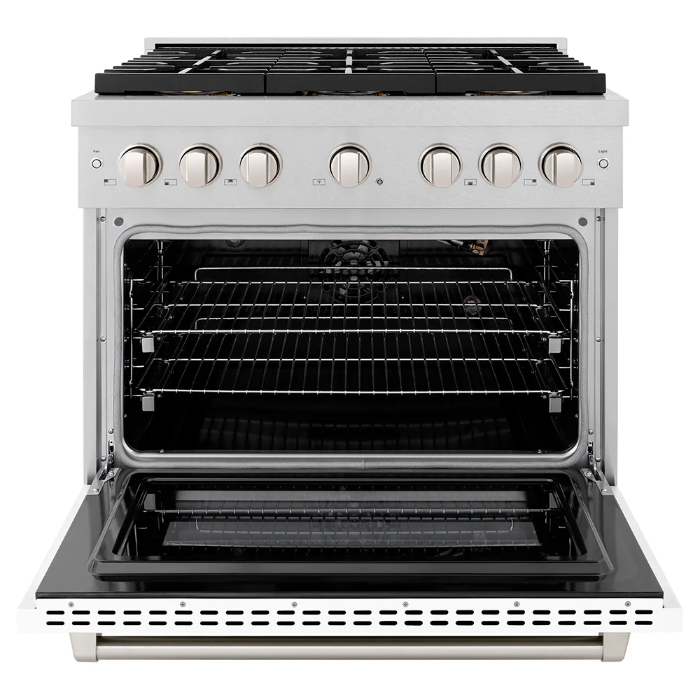 ZLINE 36 in. 5.2 cu. ft. Paramount Gas Range with 6 Burner DuoPro™ Cooktop and Convection Gas Oven in Satin Stainless Steel with White Matte Door (PSGRS-WM-36) - Image 3