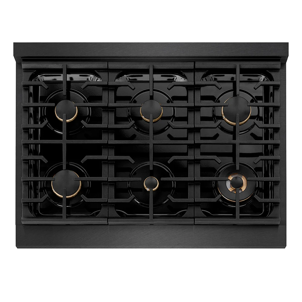 ZLINE 36 in. Paramount Gas Rangetop with 6 Brass Burners and Porcelain Cooktop in Black Satin Stainless Steel (SRTBS-BR-36) - Image 2