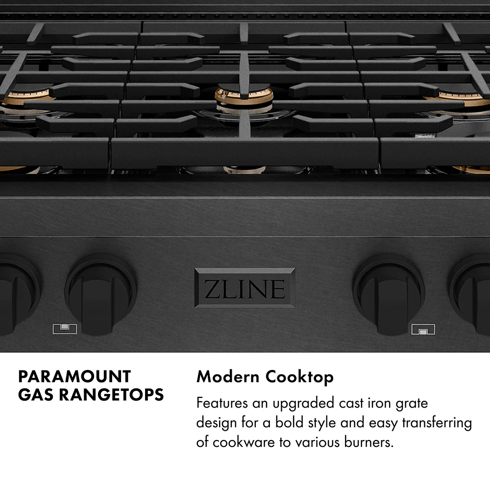 ZLINE 36 in. Paramount Gas Rangetop with 6 Brass Burners and Porcelain Cooktop in Black Satin Stainless Steel (SRTBS-BR-36) - Image 5