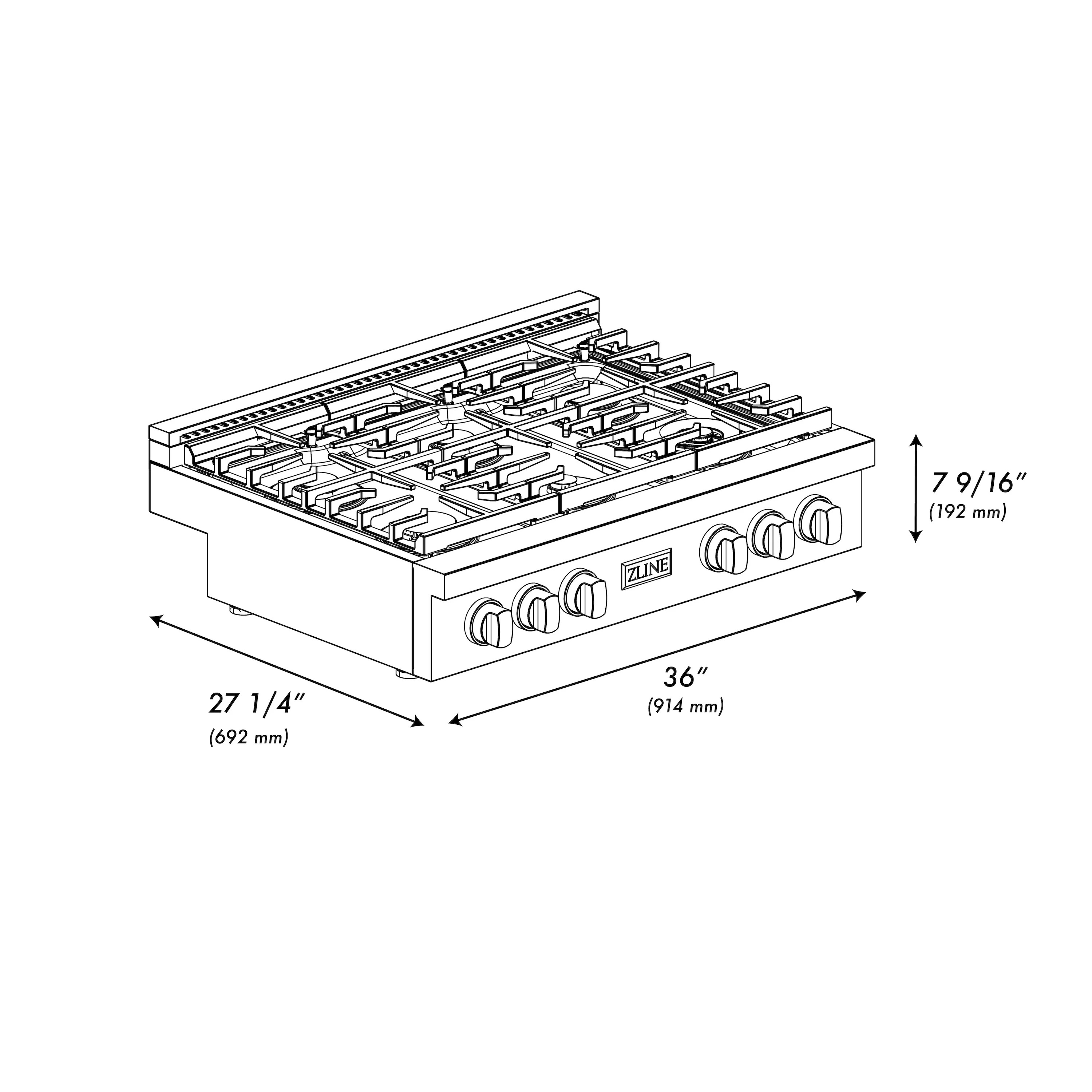 ZLINE 36 in. Paramount Gas Rangetop with 6 Brass Burners and Porcelain Cooktop in Satin Stainless Steel (SRTS-BR-36) - Image 8