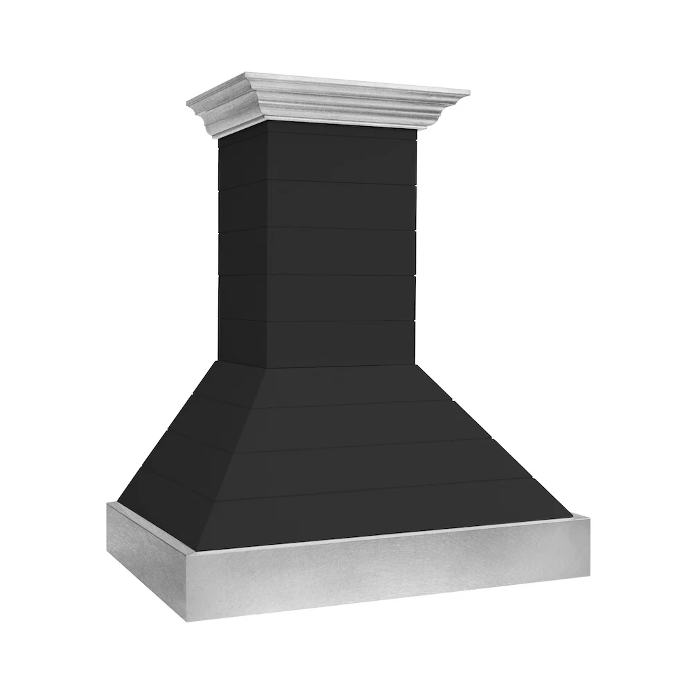 ZLINE 36 in. Wooden Wall Mount Range Hood in Rustic Shiplap Black Finish with Stainless Steel Accents (365CC-36) - Image 2