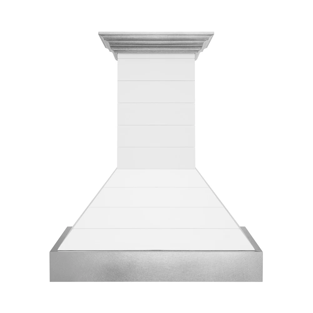 ZLINE 36 in. Wooden Wall Mount Range Hood in Rustic Shiplap Bright White Finish with Stainless Steel Accents (365WW-36)