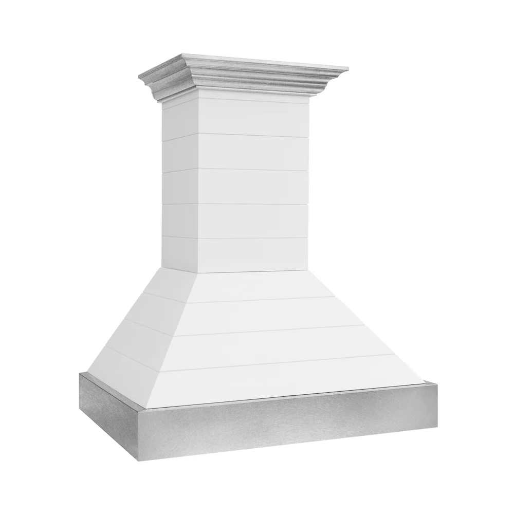 ZLINE 36 in. Wooden Wall Mount Range Hood in Rustic Shiplap Bright White Finish with Stainless Steel Accents (365WW-36) - Image 2