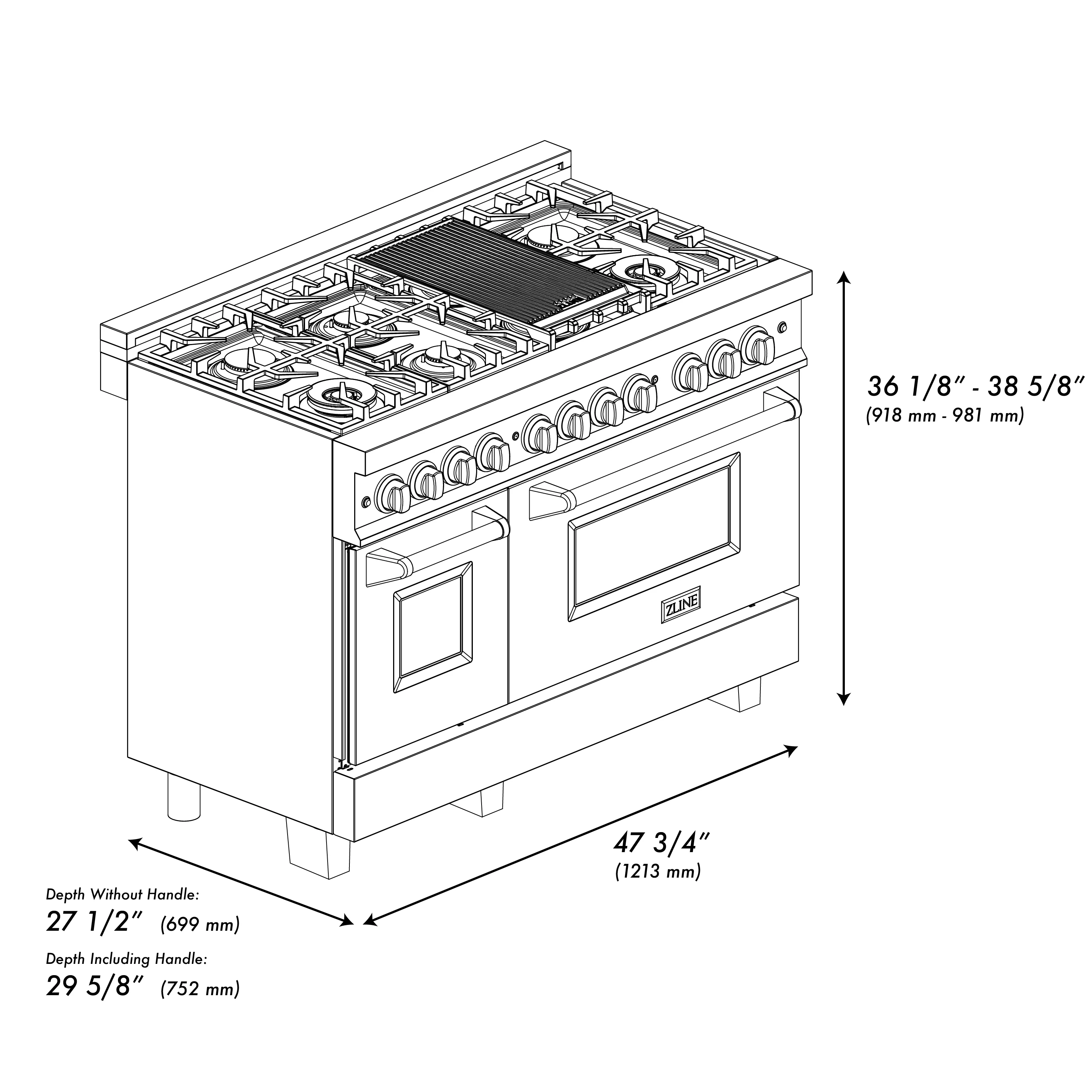 ZLINE 48 in. 6.0 cu. ft. Legacy Dual Fuel Range with 7 Burner Gas Cooktop and 2 Electric Ovens in Satin Stainless Steel with White Matte Doors and Griddle (RAS-WM-GR-48) - Image 8