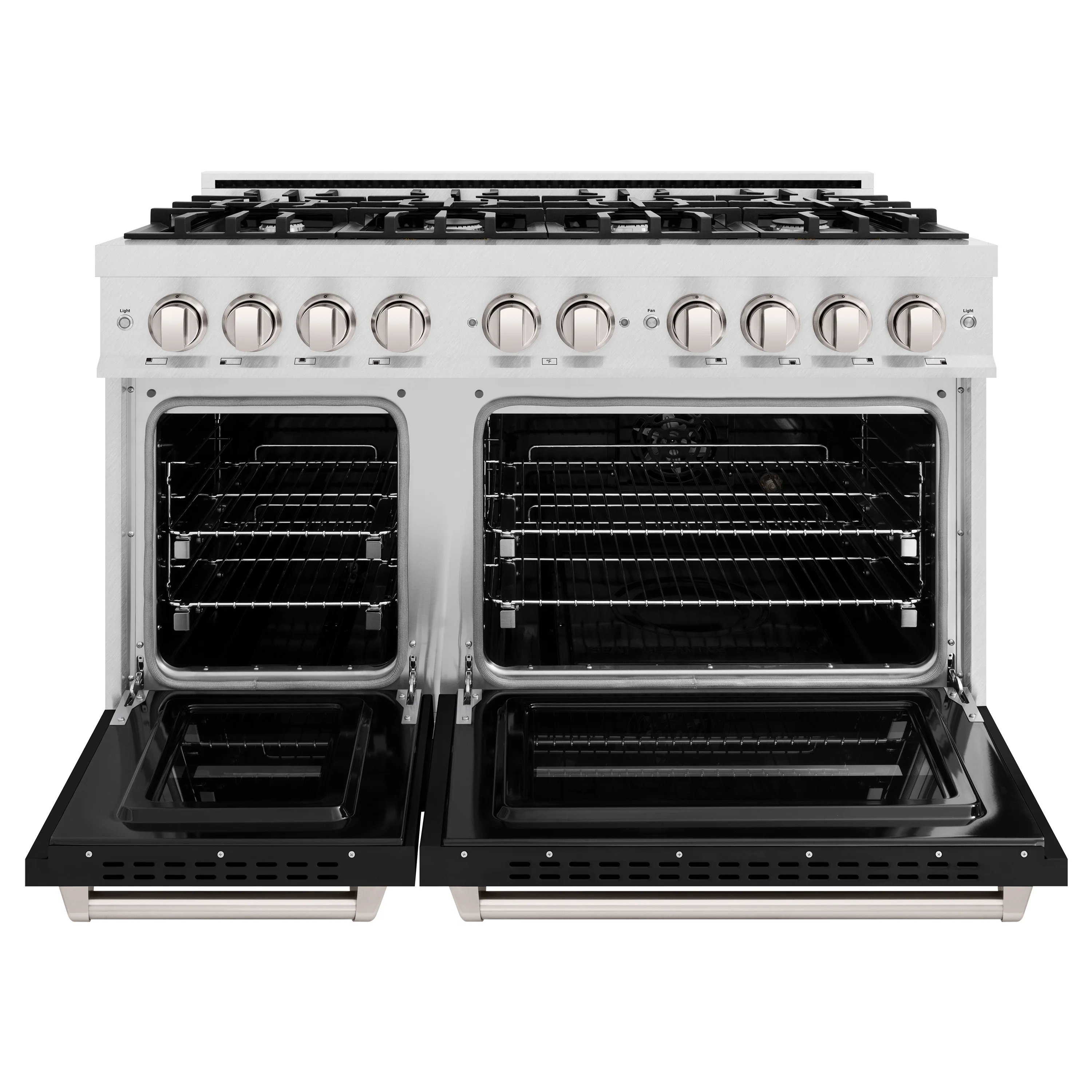 ZLINE 48 in. 6.7 cu. ft. Classic Double Oven Dual Fuel Range with 8 Burner Gas Cooktop in Satin Stainless Steel with Black Matte Doors (CDRS-BLM-48) - Image 4
