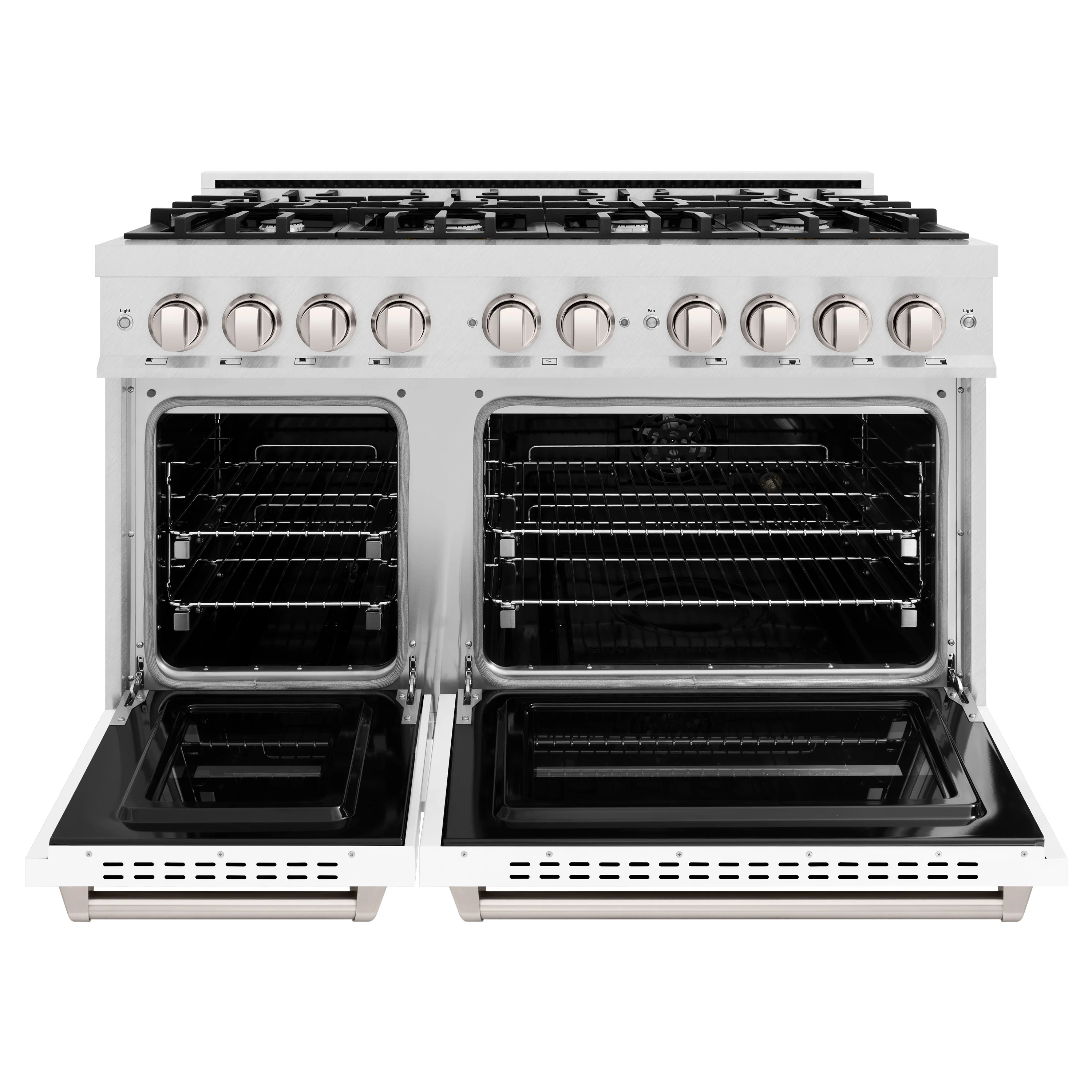 ZLINE 48 in. 6.7 cu. ft. Classic Double Oven Dual Fuel Range with 8 Burner Gas Cooktop in Satin Stainless Steel with White Matte Doors (CDRS-WM-48) - Image 4