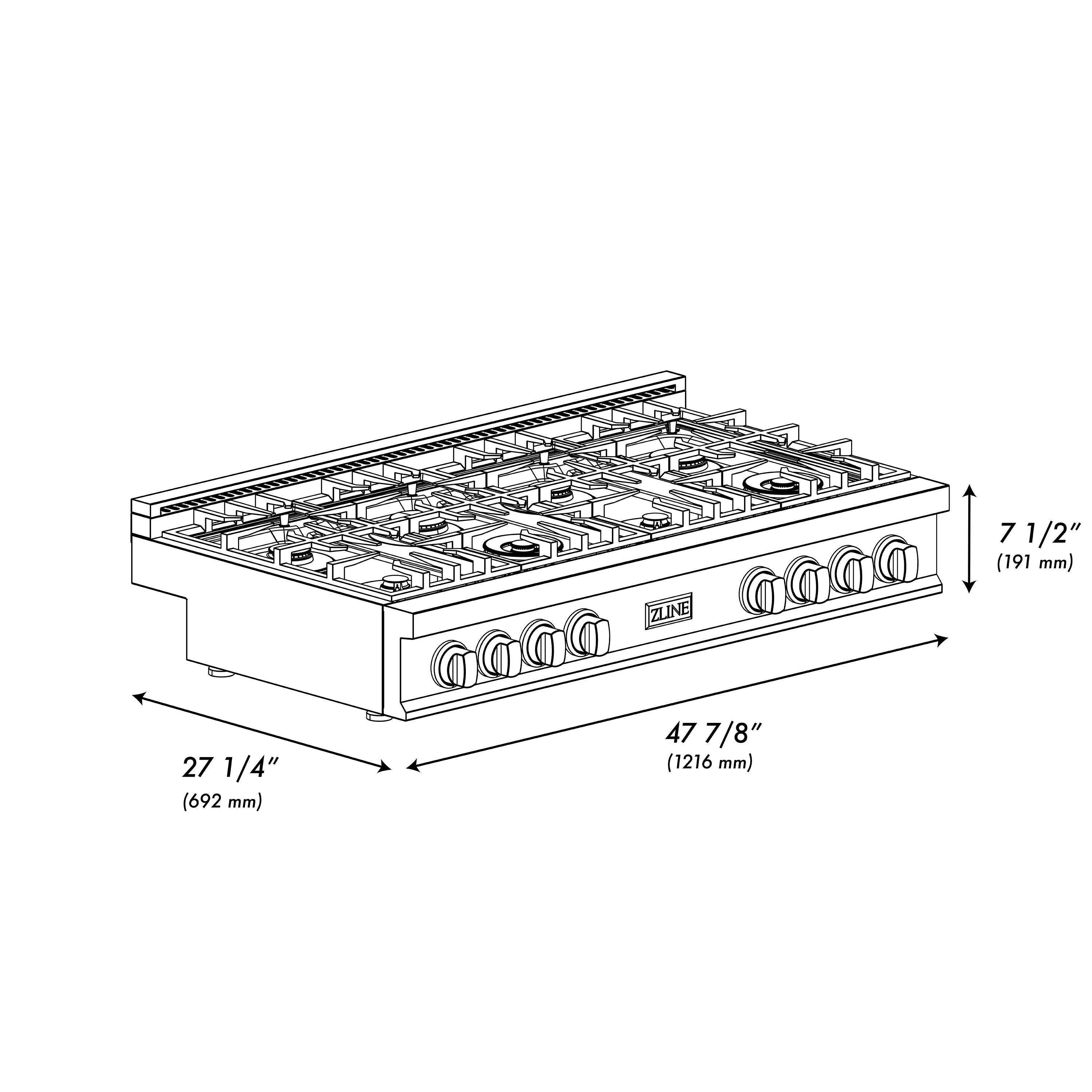 ZLINE 48 in. Classic Gas Rangetop with 8 Burners and Porcelain Cooktop in Stainless Steel with Griddle (RT-GR-48) - Image 12