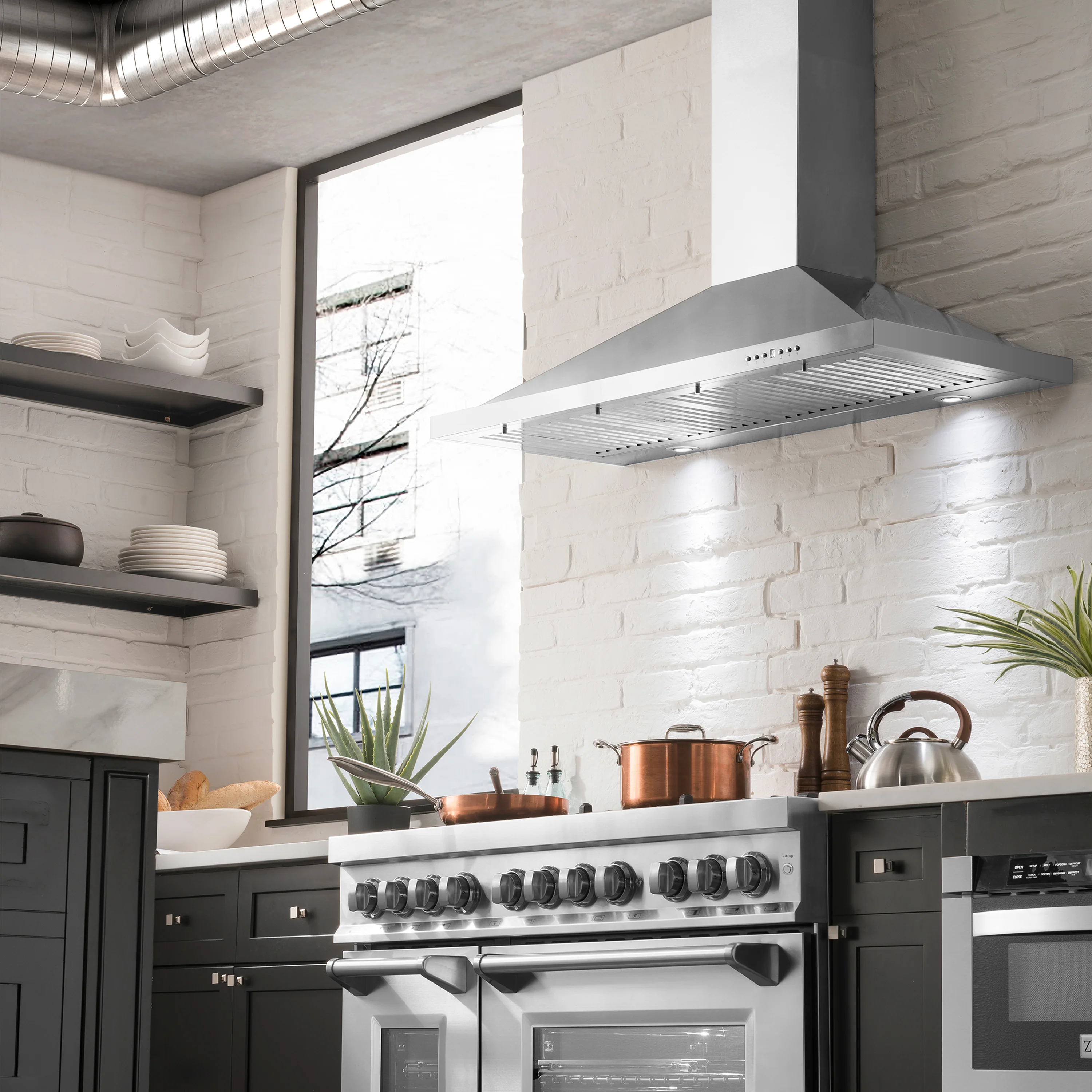 ZLINE 48" Convertible Wall Mount Range Hood in Stainless Steel with Set of 2 Charcoal Filters, LED lighting and Dishwasher-Safe Baffle Filters (KB-CF-48) - Image 4