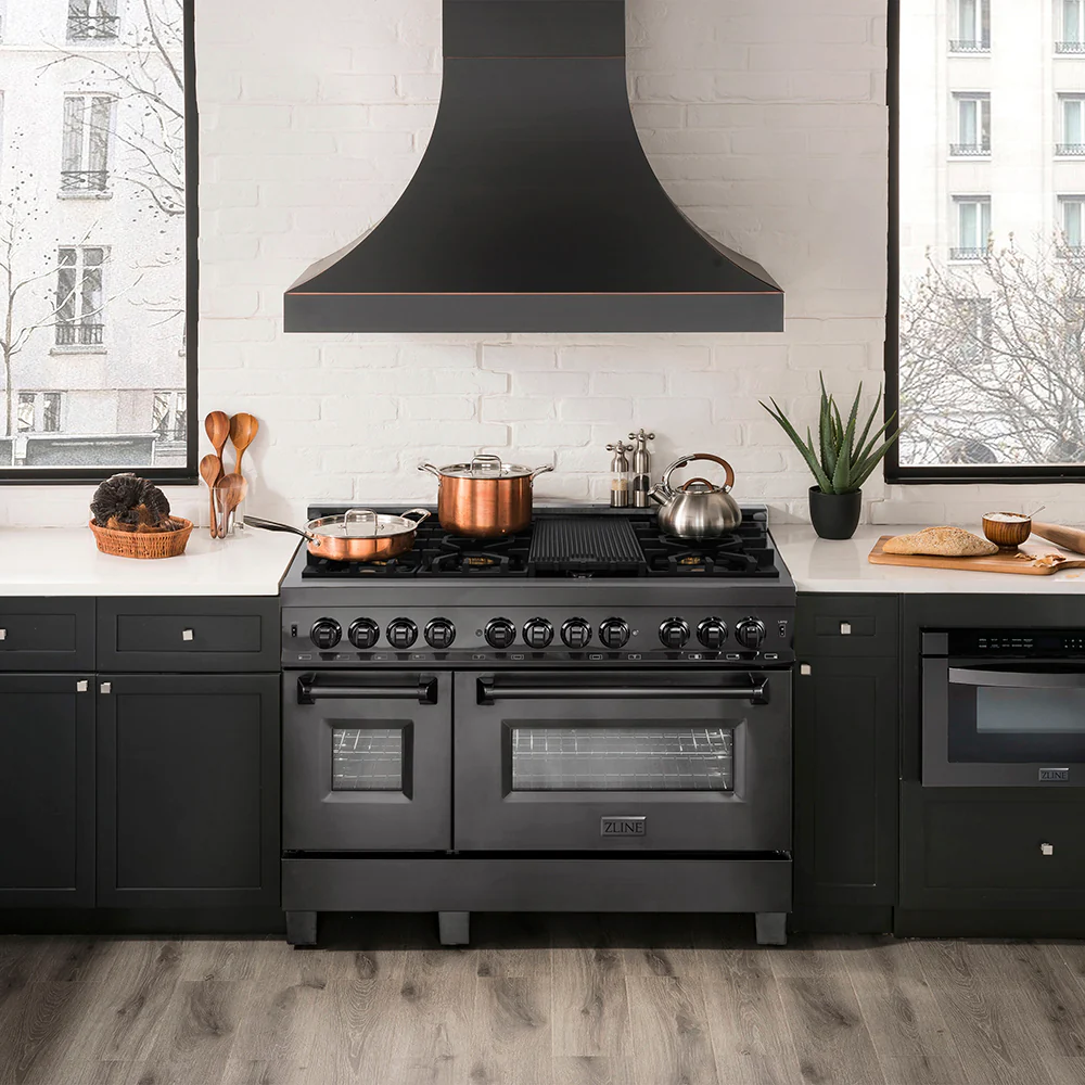ZLINE 48 in. 6.0 cu. ft. Legacy Dual Fuel Range with Gas Cooktop and 2 Electric Ovens in Black Stainless Steel with 6 Brass Burners, Open Box-Great Condition - Image 2
