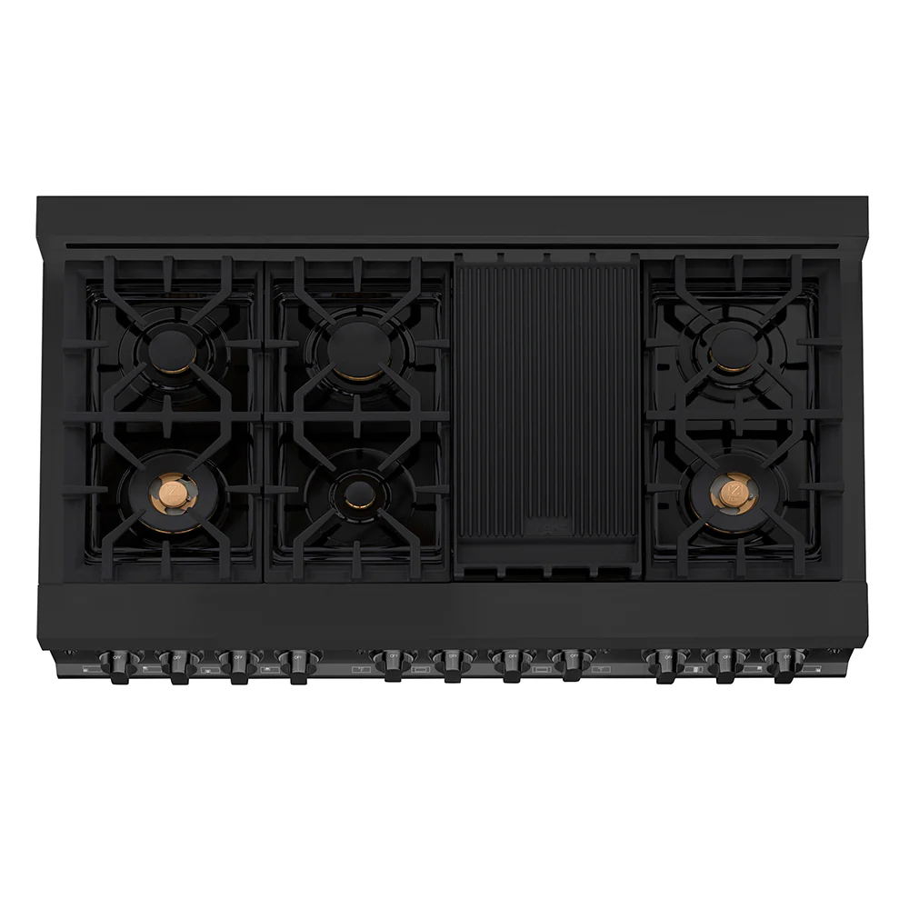 ZLINE 48 in. 6.0 cu. ft. Legacy Dual Fuel Range with Gas Cooktop and 2 Electric Ovens in Black Stainless Steel with 6 Brass Burners, Open Box-Great Condition - Image 3