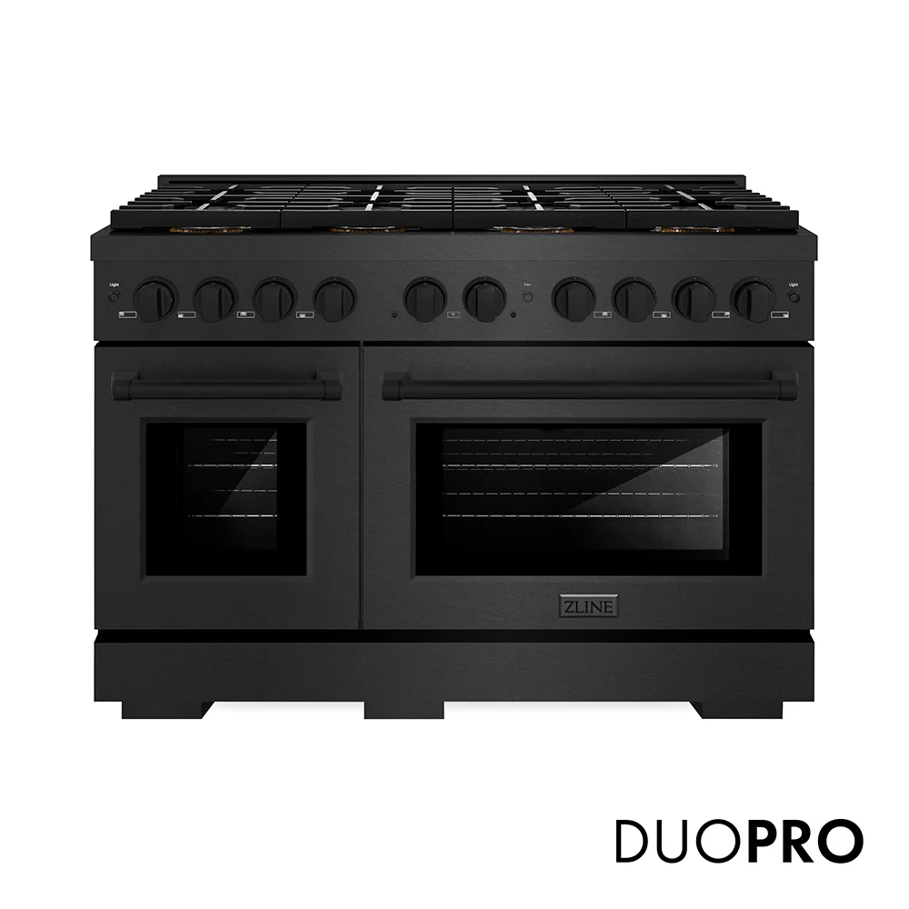 ZLINE 48 in. 6.7 cu. ft. Paramount Gas Range with 8 Burner DuoPro™ Cooktop and Dual Ovens in Black Satin Stainless Steel, Open Box-Great Condition