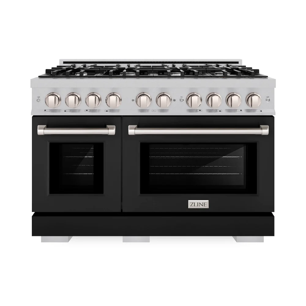 ZLINE 48 in. 6.7 cu. ft. Select Double Oven Dual Fuel Range with 8 Burner Gas Cooktop in Satin Stainless Steel with Black Matte Doors, Open Box-Great Condition - Image 3