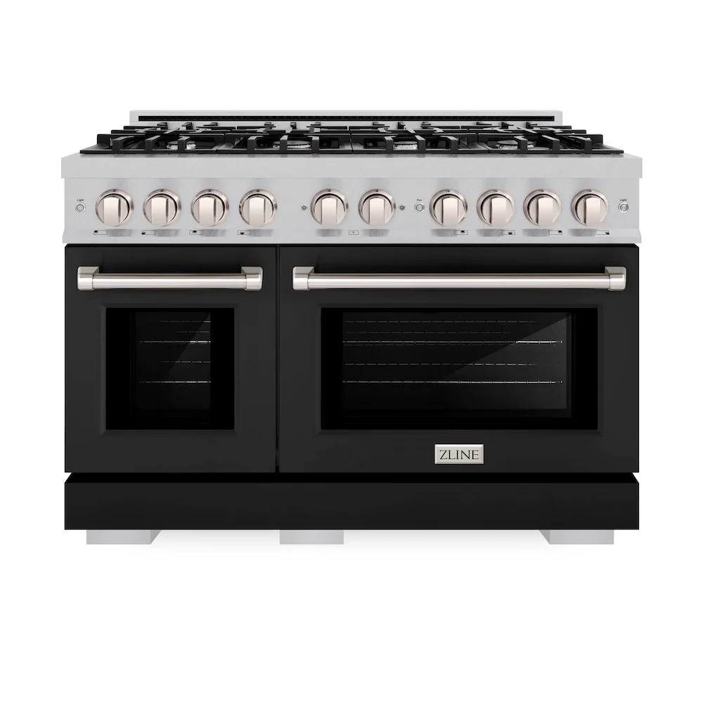 ZLINE 48 in. 6.7 cu. ft. Select Double Oven Dual Fuel Range with 8 Burner Gas Cooktop in Satin Stainless Steel with Black Matte Doors, Open Box-Great Condition - Image 4