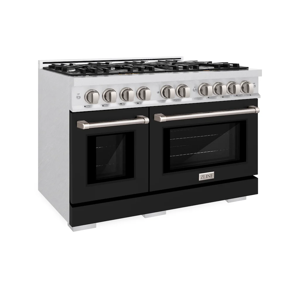 ZLINE 48 in. 6.7 cu. ft. Select Double Oven Gas Range with 8 Burner Cooktop in Satin Stainless Steel with Black Matte Doors, Open Box-Great Condition