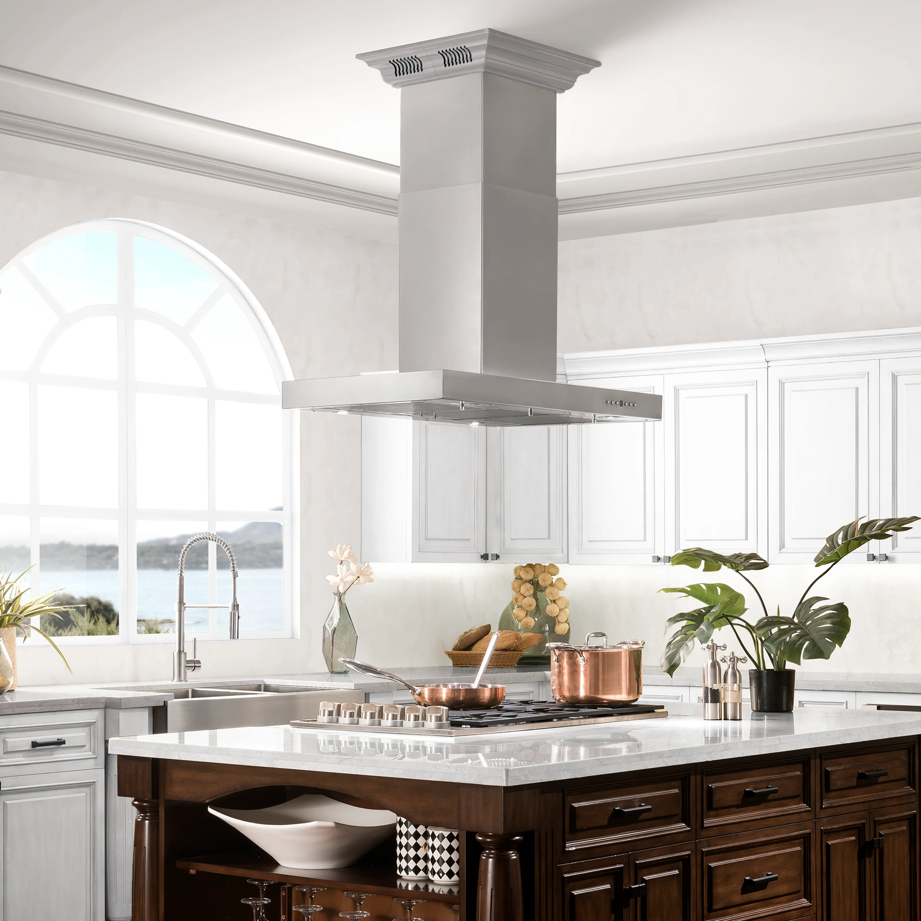 48" ZLINE CrownSound™Ducted Vent Island Mount Range Hood in Stainless Steel with Built-in Bluetooth Speakers (KE2iCRN-BT-48) - Image 2