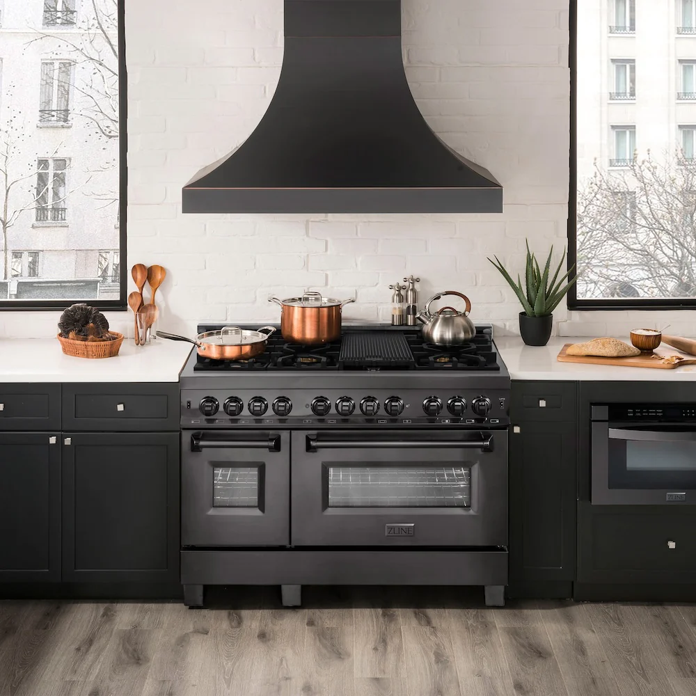 ZLINE 48 in. 6.0 cu. ft. Legacy Dual Fuel Range with Gas Cooktop and 2 Electric Ovens in Black Stainless Steel with 6 Brass Burners (RAB-BR-48) - Image 2