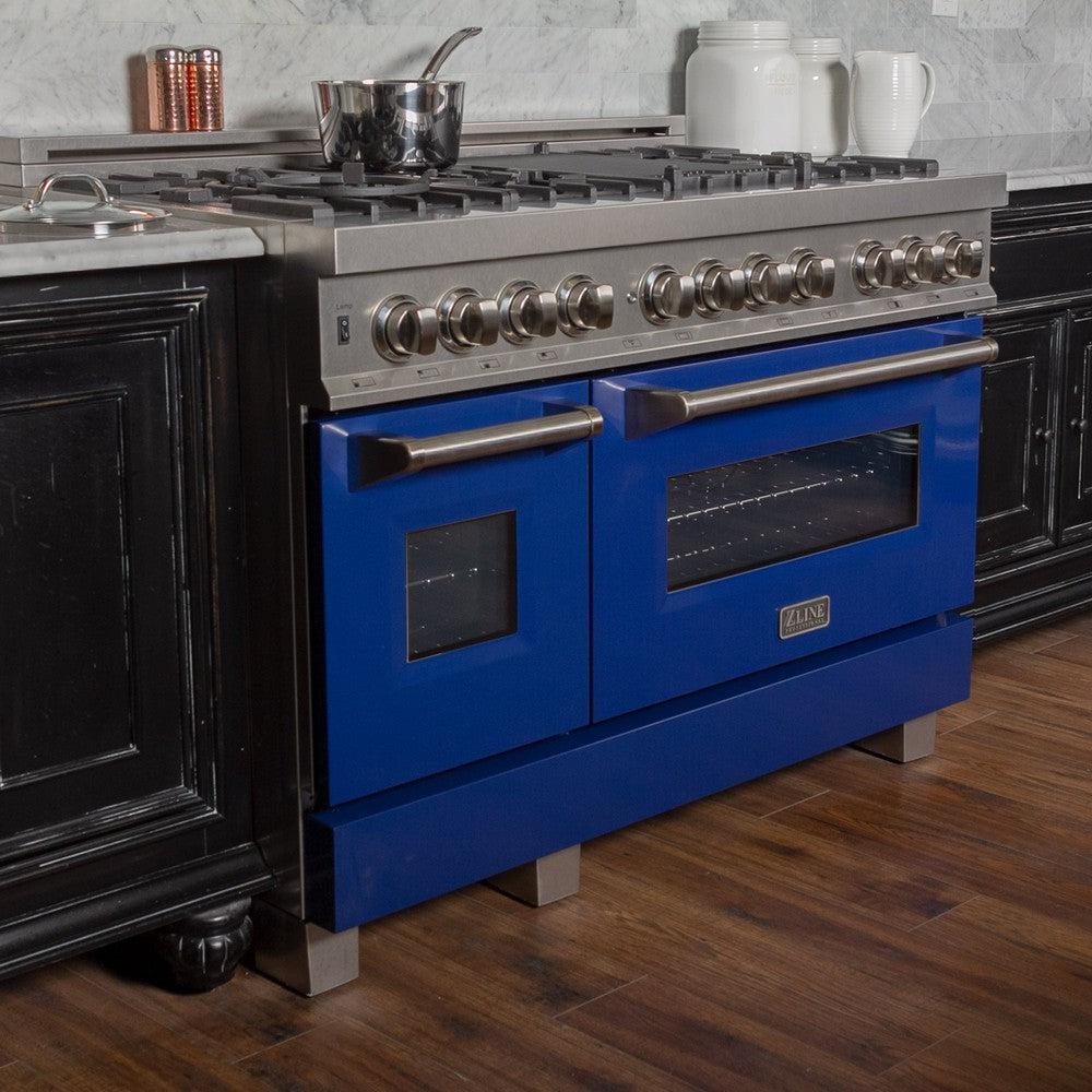 ZLINE 48 in. 6.0 cu. ft. Legacy Dual Fuel Range with 7 Burner Gas Cooktop and 2 Electric Ovens in Satin Stainless Steel and Blue Gloss Doors (RAS-BG-48) - Image 2
