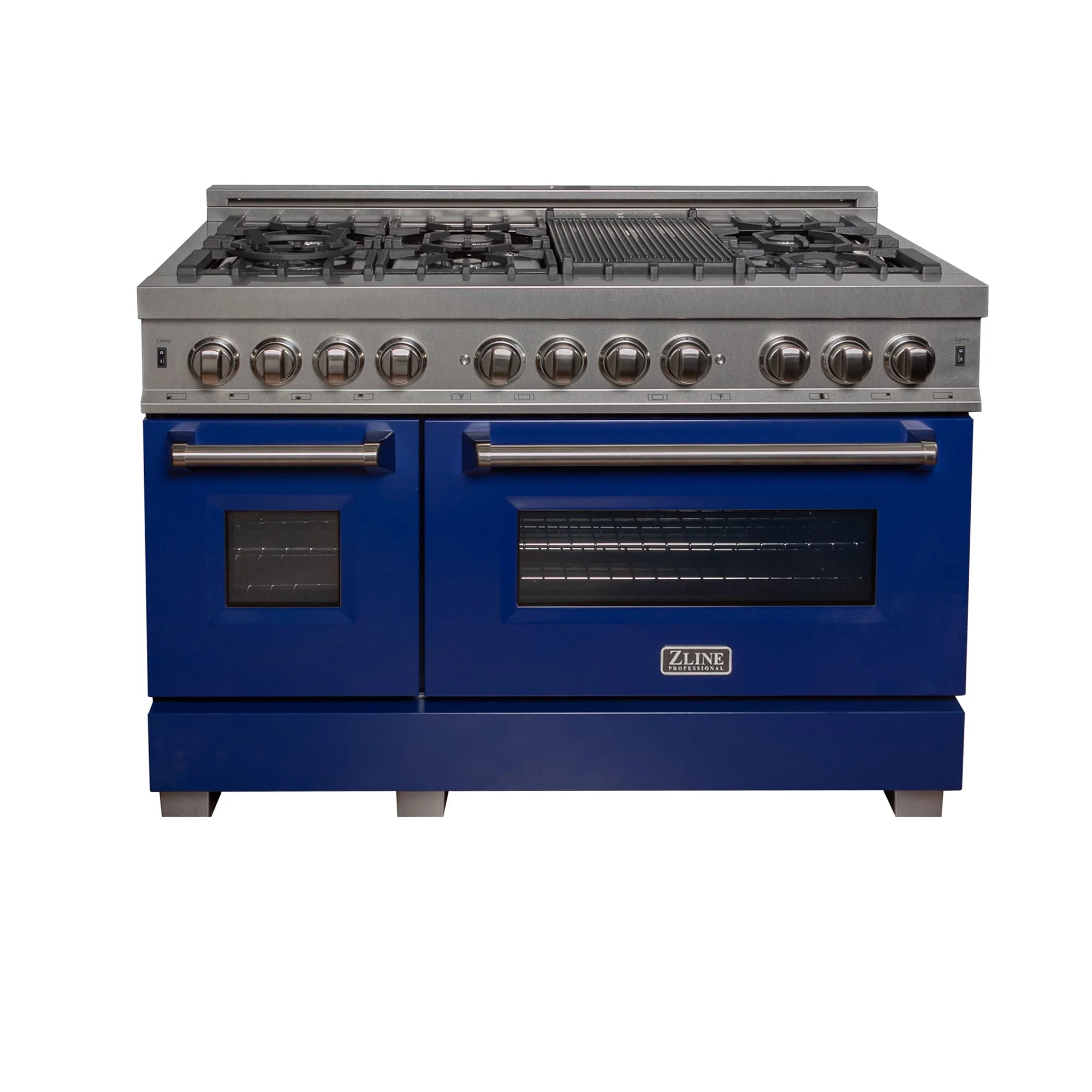 ZLINE 48 in. 6.0 cu. ft. Legacy Dual Fuel Range with 7 Burner Gas Cooktop and 2 Electric Ovens in Satin Stainless Steel and Blue Gloss Doors (RAS-BG-48) - Image 4