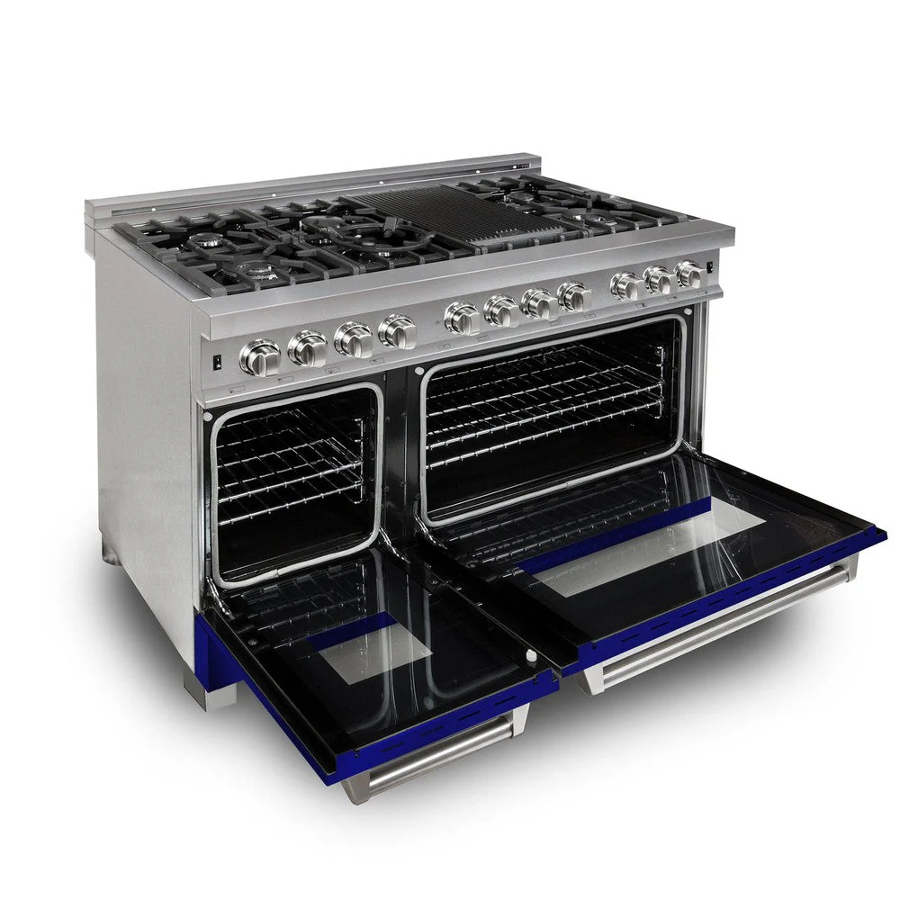 ZLINE 48 in. 6.0 cu. ft. Legacy Dual Fuel Range with 7 Burner Gas Cooktop and 2 Electric Ovens in Satin Stainless Steel and Blue Gloss Doors (RAS-BG-48) - Image 7
