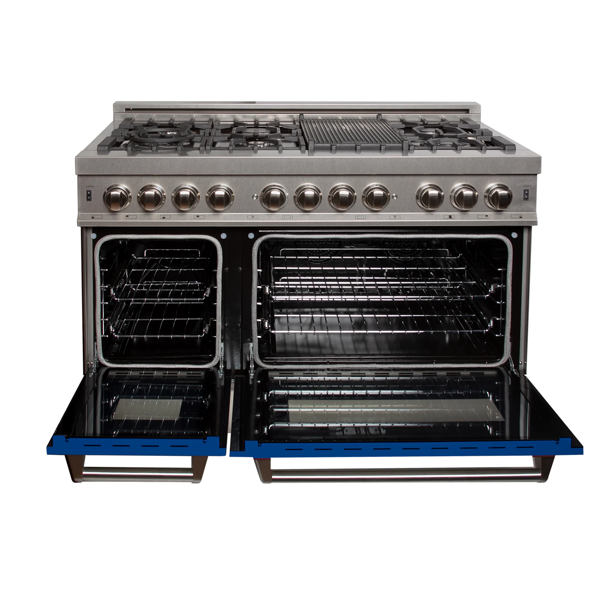 ZLINE 48 in. 6.0 cu. ft. Legacy Dual Fuel Range with 7 Burner Gas Cooktop and 2 Electric Ovens in Satin Stainless Steel and Blue Matte Doors (RAS-BM-48) - Image 4