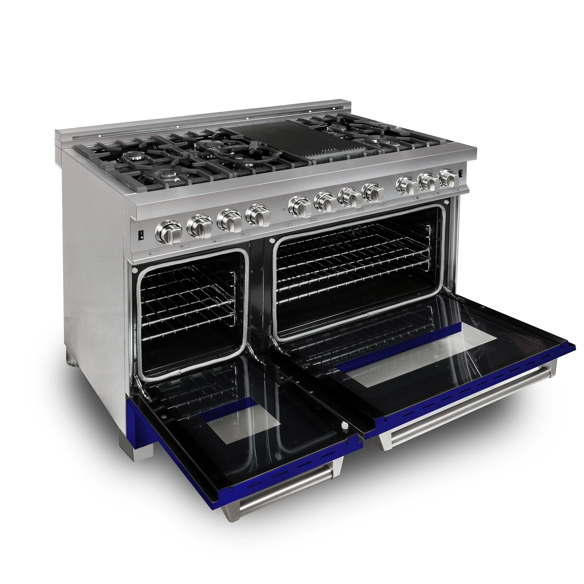 ZLINE 48 in. 6.0 cu. ft. Legacy Dual Fuel Range with 7 Burner Gas Cooktop and 2 Electric Ovens in Satin Stainless Steel and Blue Matte Doors (RAS-BM-48) - Image 5