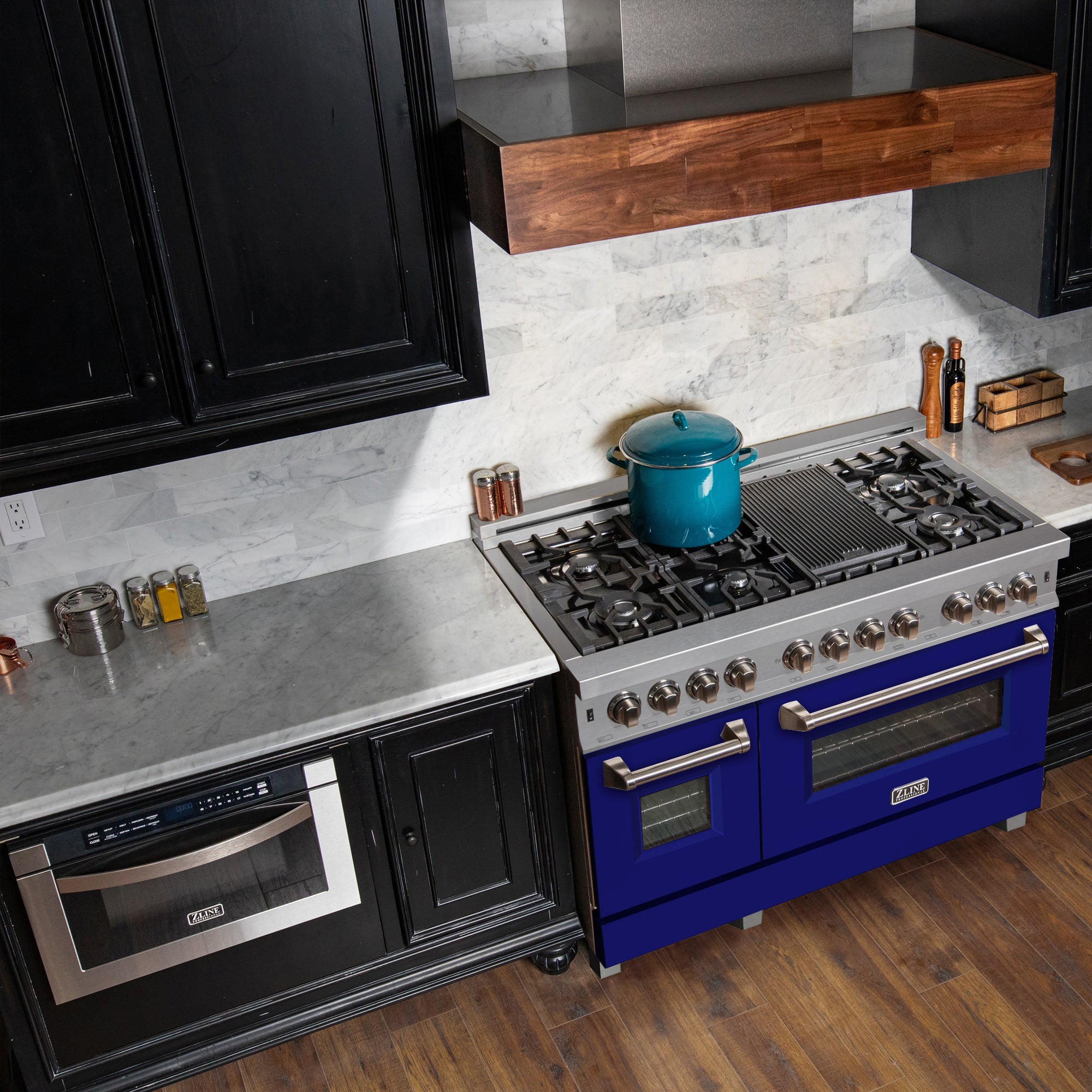 ZLINE 48 in. 6.0 cu. ft. Legacy Dual Fuel Range with 7 Burner Gas Cooktop and 2 Electric Ovens in Satin Stainless Steel and Blue Matte Doors (RAS-BM-48) - Image 8
