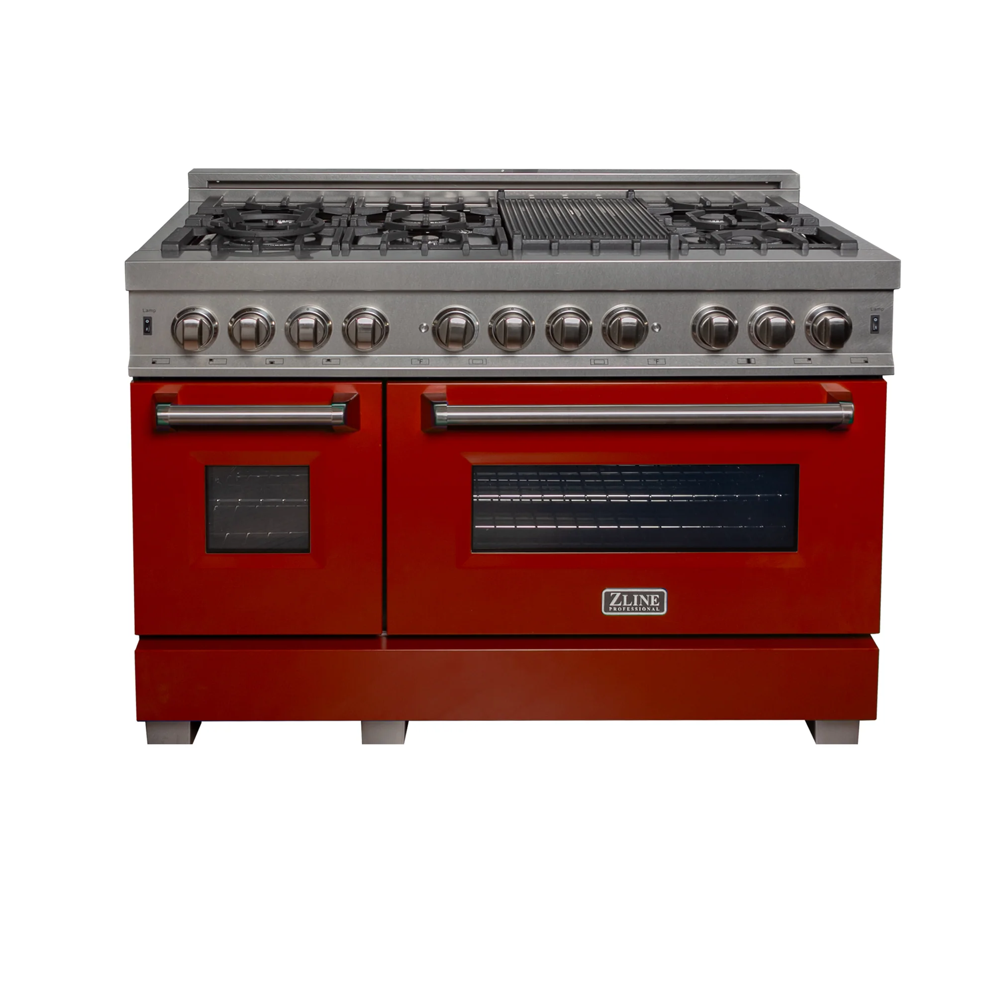 ZLINE 48 in. 6.0 cu. ft. Legacy Dual Fuel Range with 7 Burner Gas Cooktop and 2 Electric Ovens in Satin Stainless Steel and Red Gloss Doors (RAS-RG-48) - Image 3