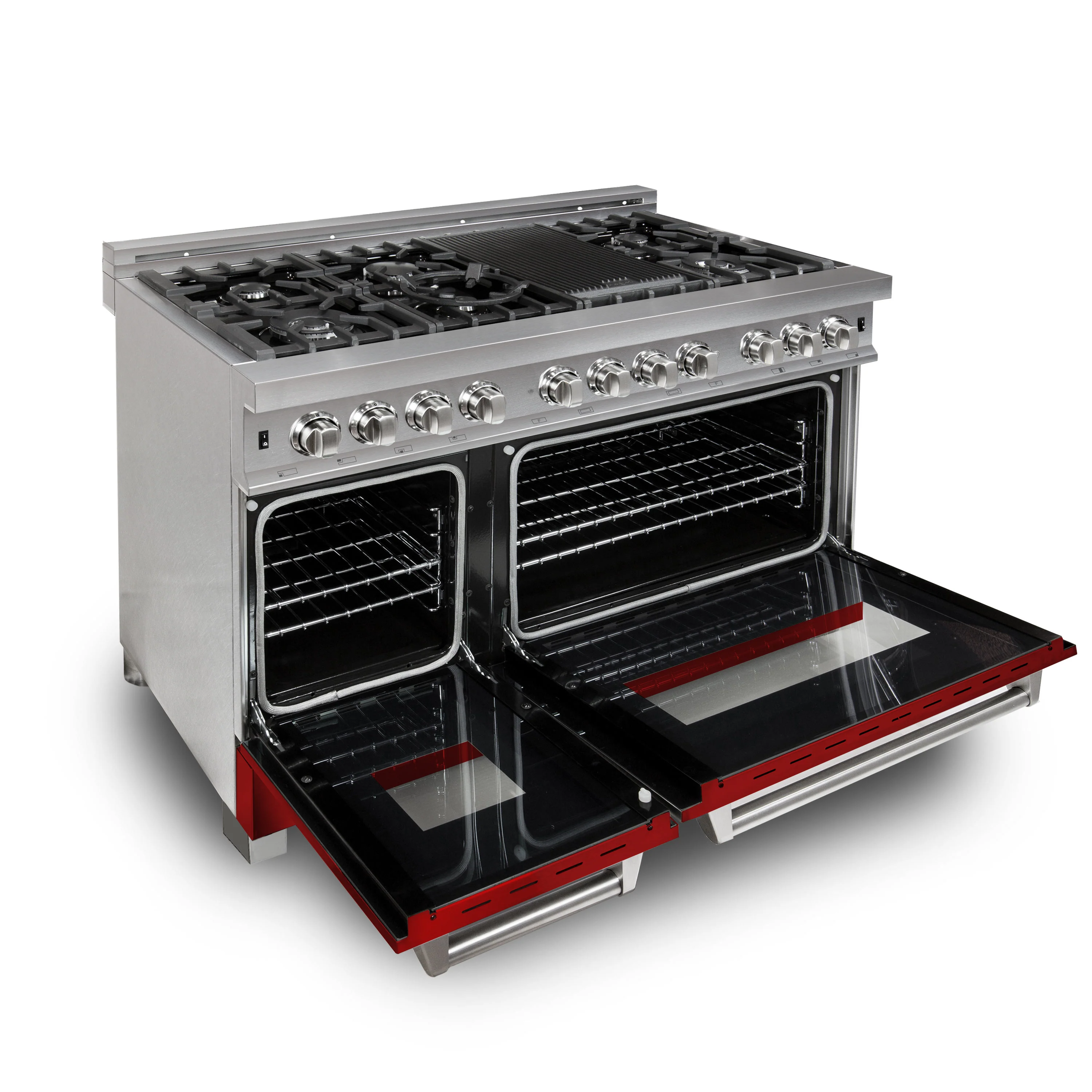 ZLINE 48 in. 6.0 cu. ft. Legacy Dual Fuel Range with 7 Burner Gas Cooktop and 2 Electric Ovens in Satin Stainless Steel and Red Gloss Doors (RAS-RG-48) - Image 5