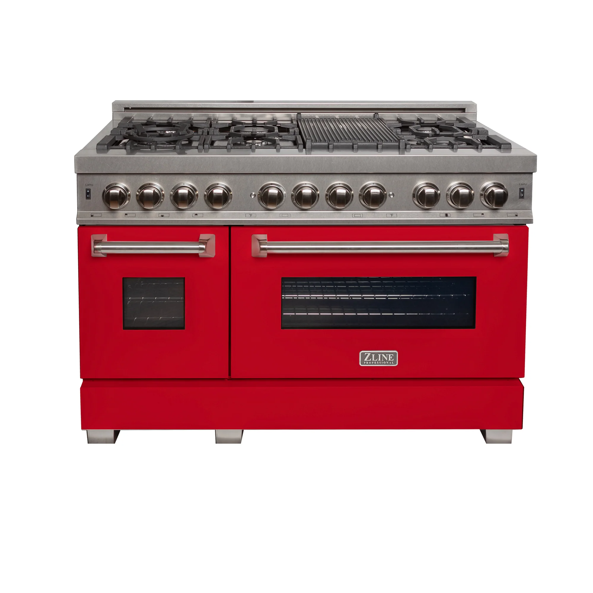 ZLINE 48 in. 6.0 cu. ft. Legacy Dual Fuel Range with 7 Burner Gas Cooktop and 2 Electric Ovens in Satin Stainless Steel and Red Matte Doors (RAS-RM-48) - Image 3