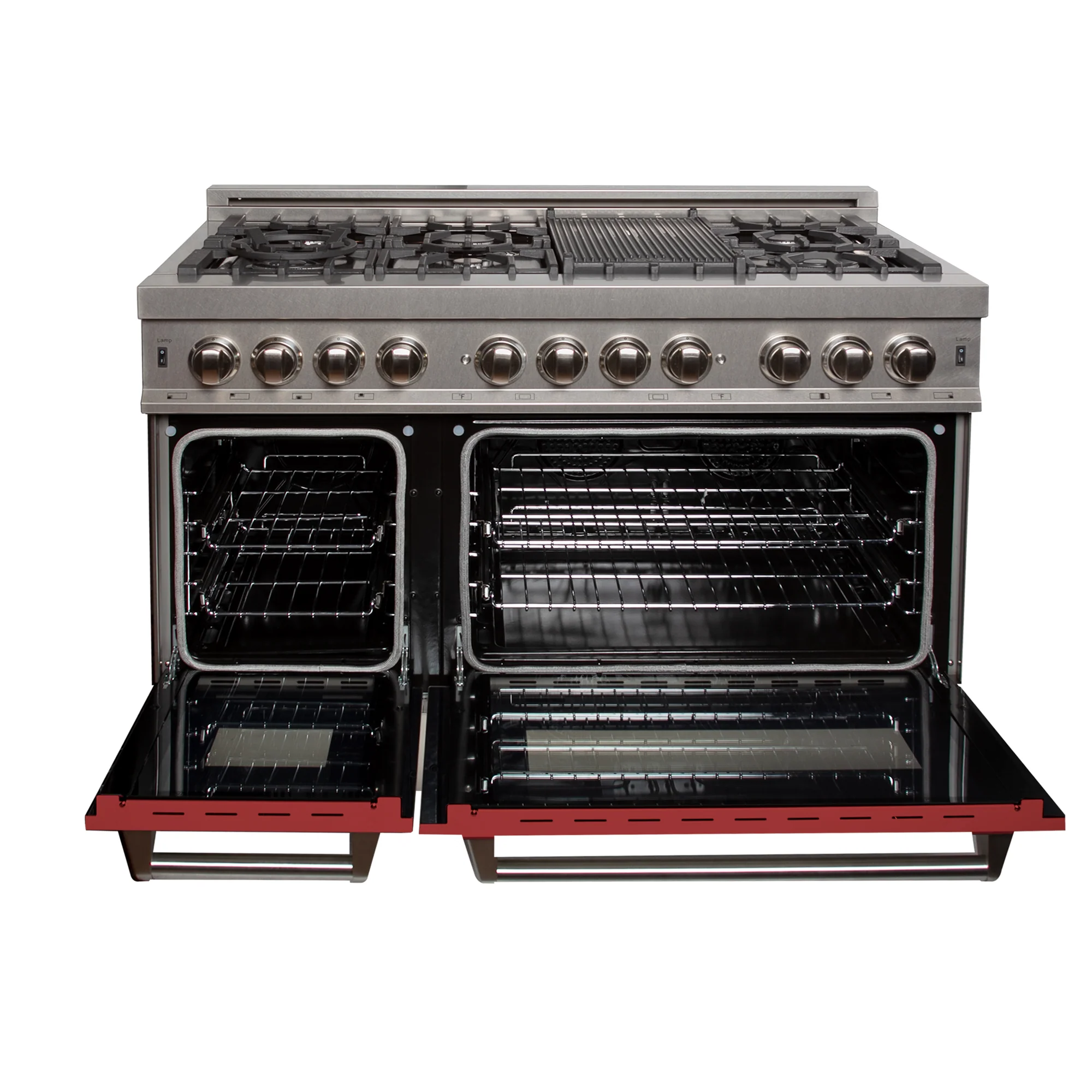 ZLINE 48 in. 6.0 cu. ft. Legacy Dual Fuel Range with 7 Burner Gas Cooktop and 2 Electric Ovens in Satin Stainless Steel and Red Matte Doors (RAS-RM-48) - Image 4
