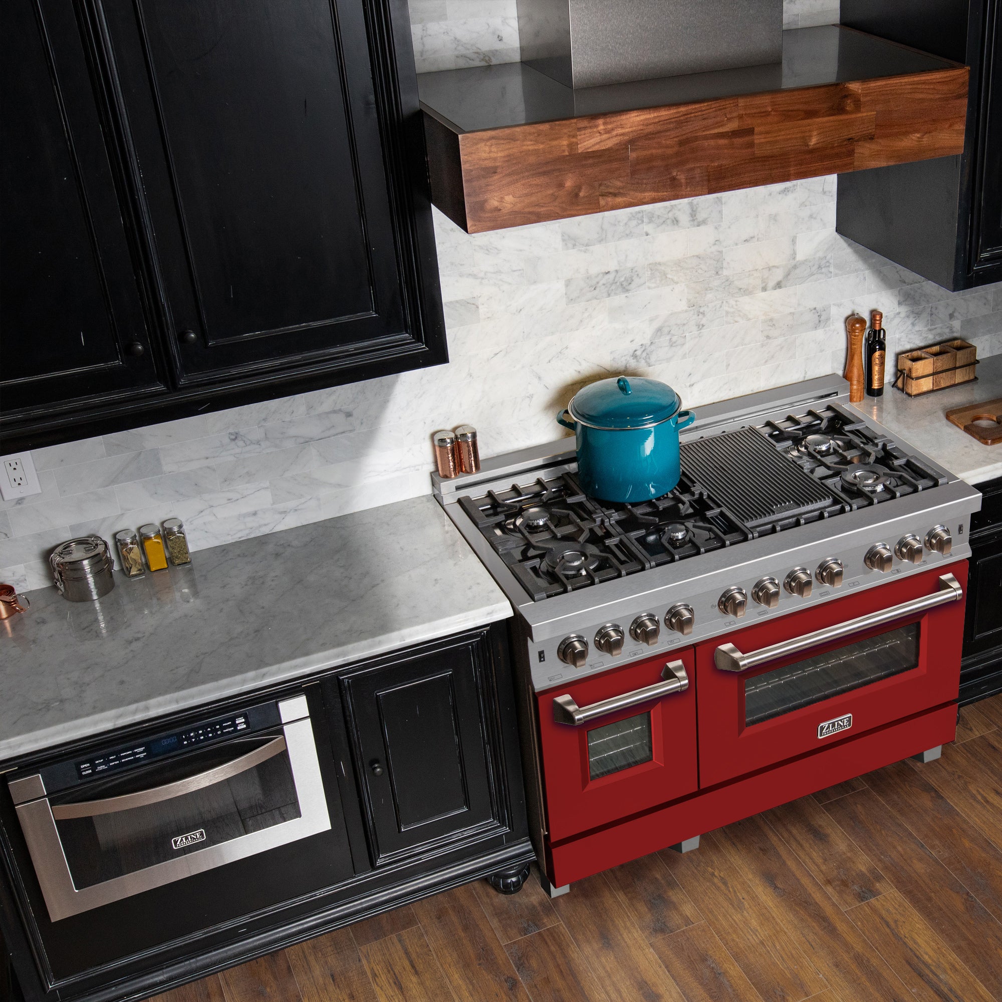 ZLINE 48 in. 6.0 cu. ft. Legacy Dual Fuel Range with 7 Burner Gas Cooktop and 2 Electric Ovens in Satin Stainless Steel and Red Matte Doors (RAS-RM-48) - Image 6