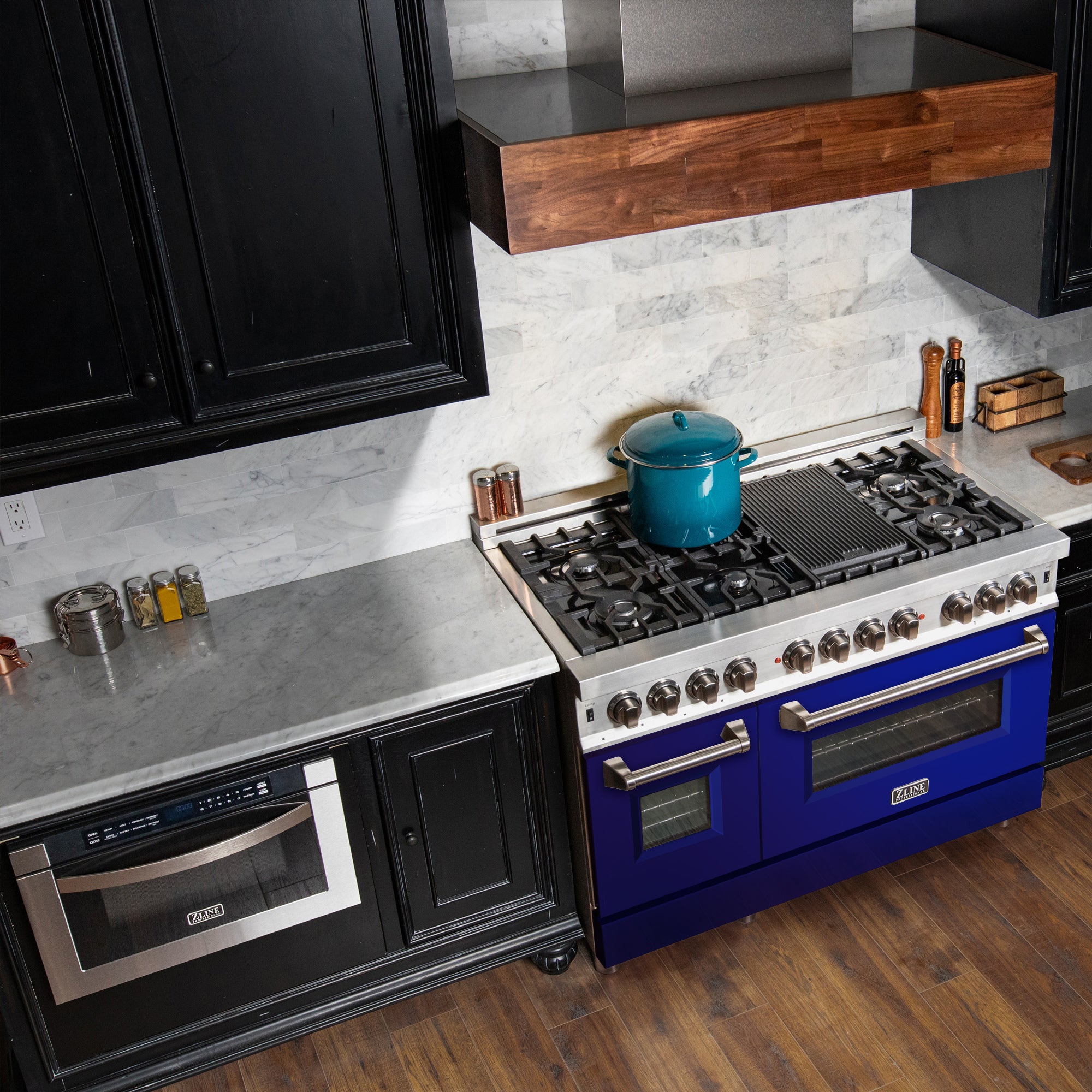ZLINE 48 in. 6.0 cu. ft. Legacy Dual Fuel Range with 7 Burner Gas Cooktop and 2 Electric Ovens in Stainless Steel and Blue Gloss Doors (RA-BG-48) - Image 2